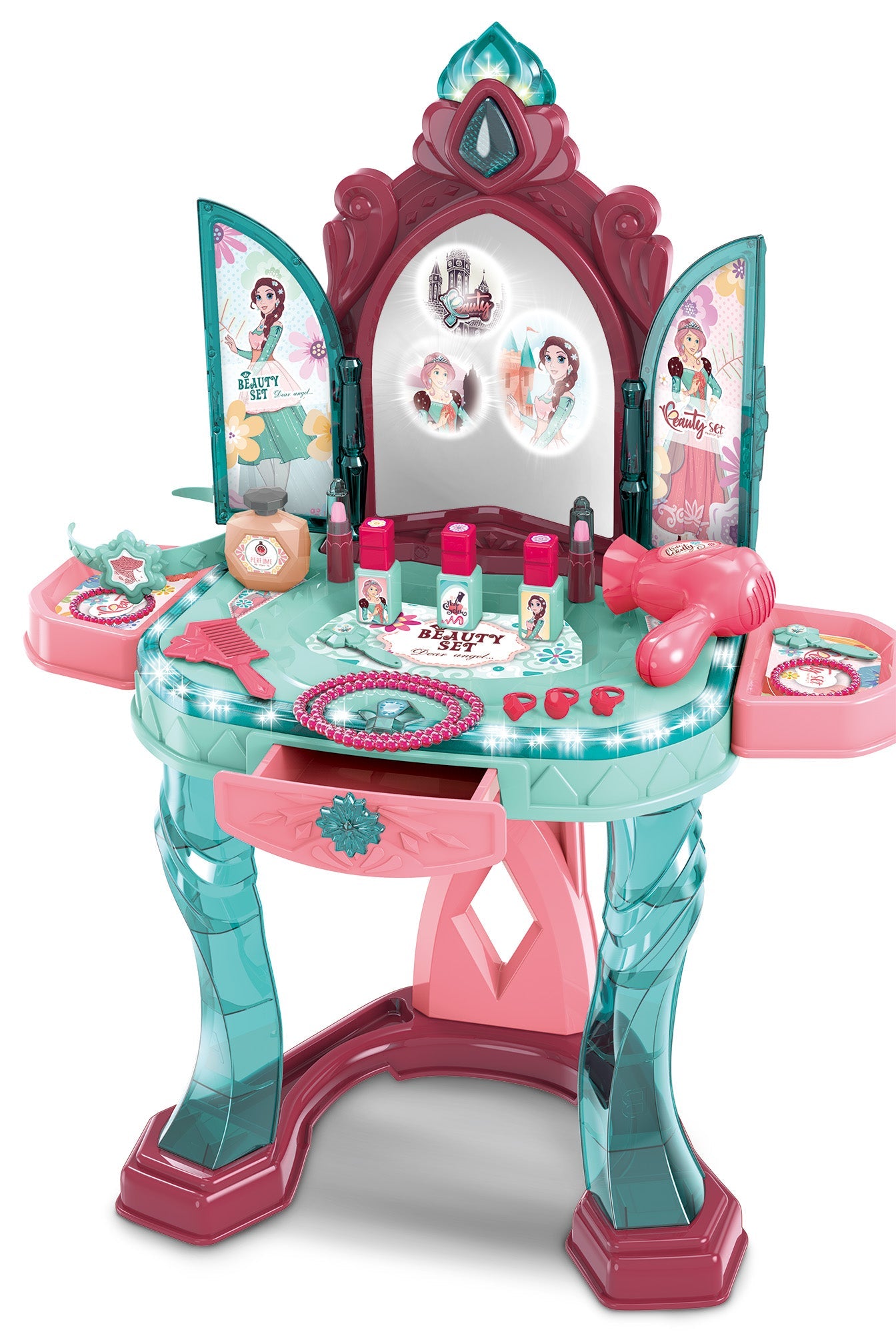 OLEOCA Children's Vanity Dressing Table and Chair Beauty Set - Infrared Sensor Open Door, with Makeup Accessories, Light and Sound, for Girls
