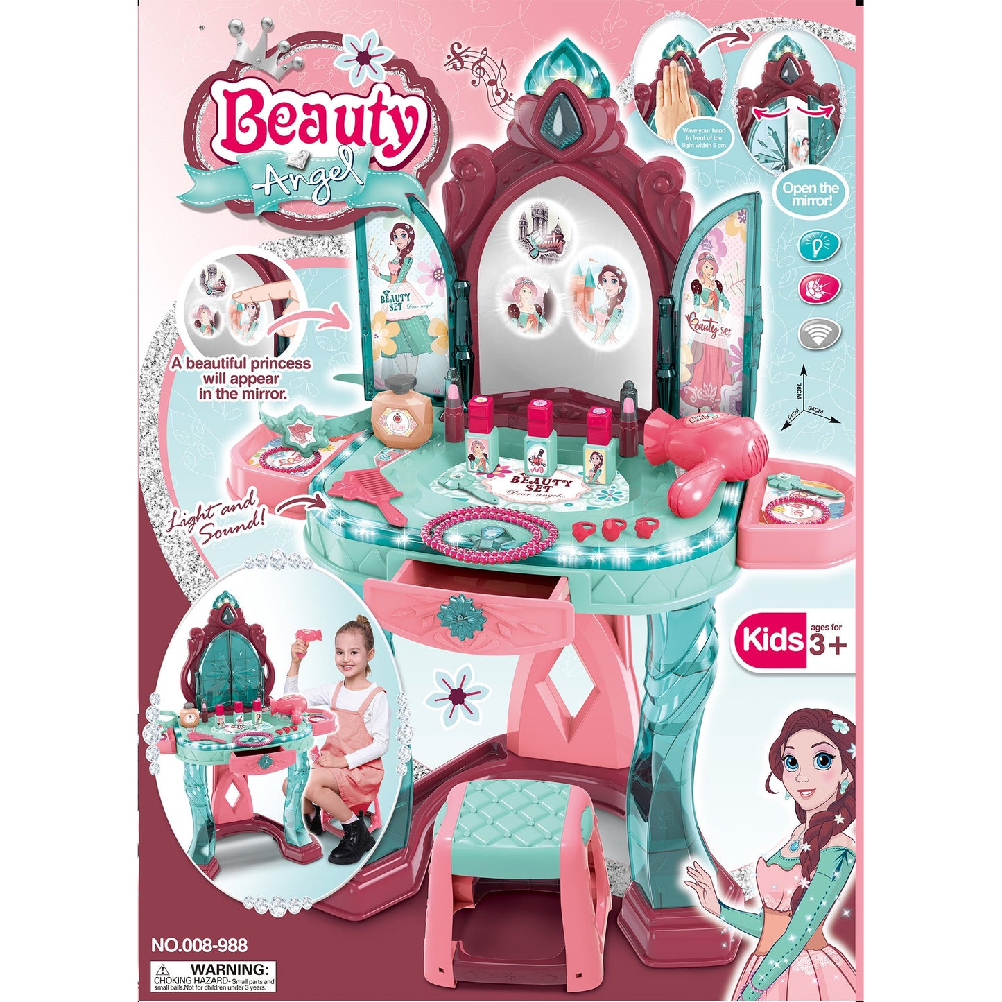 OLEOCA Children's Vanity Dressing Table and Chair Beauty Set - Infrared Sensor Open Door, with Makeup Accessories, Light and Sound, for Girls
