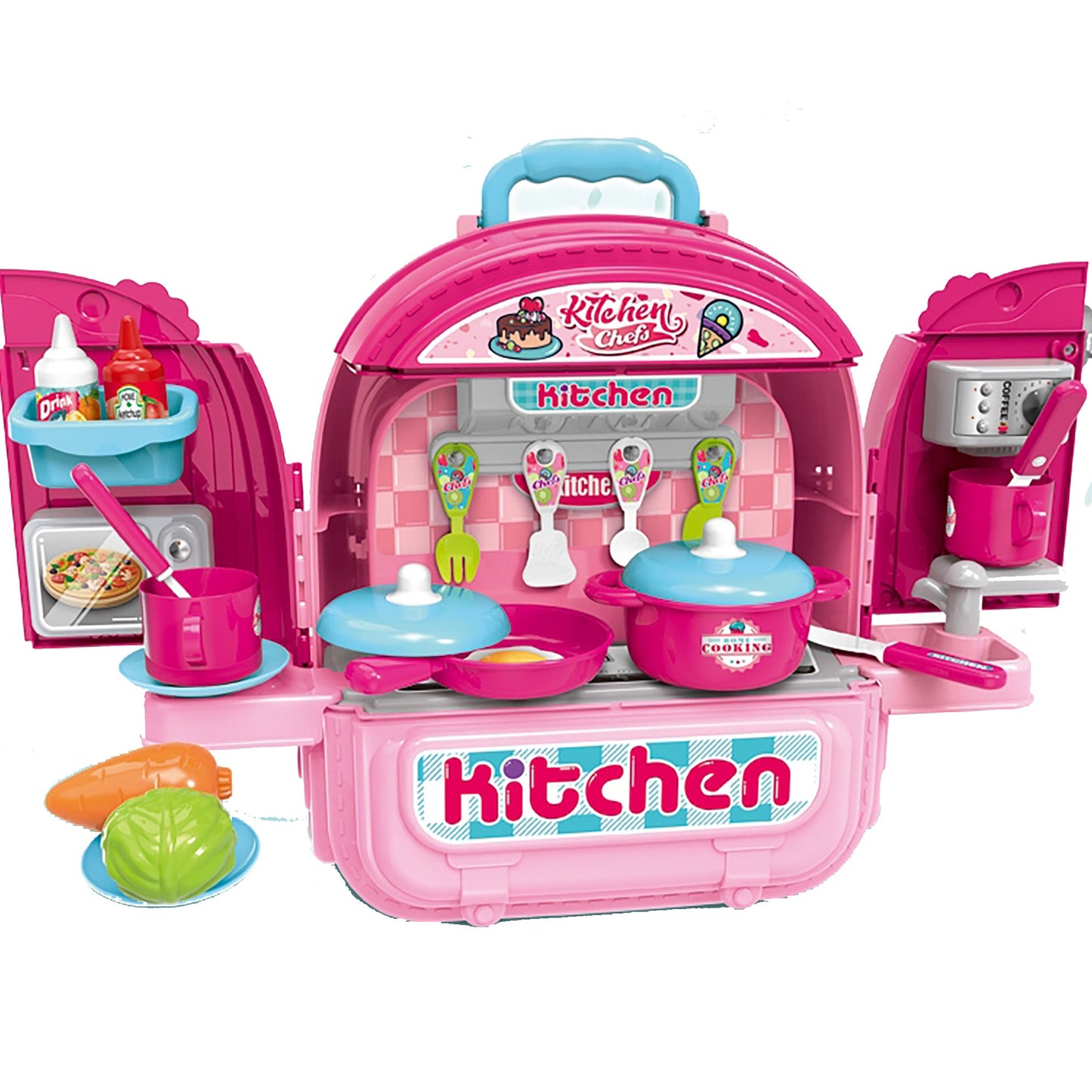 OLEOCA Children's 3 in 1 Portable Kitchen Playset, Double-sided with Doll and Kitchenware Accessories, Carry Case/Backpack