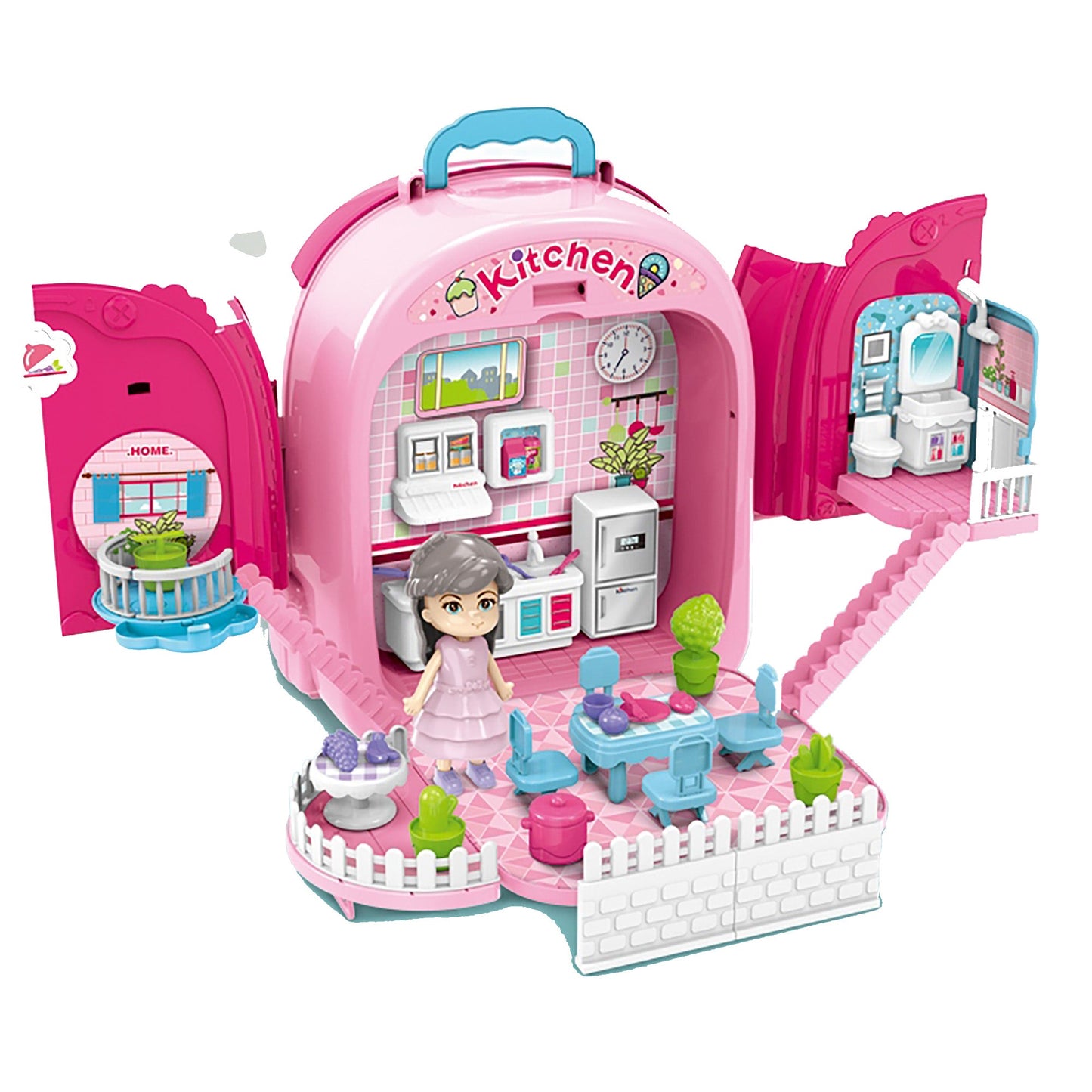 OLEOCA Children's 3 in 1 Portable Kitchen Playset, Double-sided with Doll and Kitchenware Accessories, Carry Case/Backpack