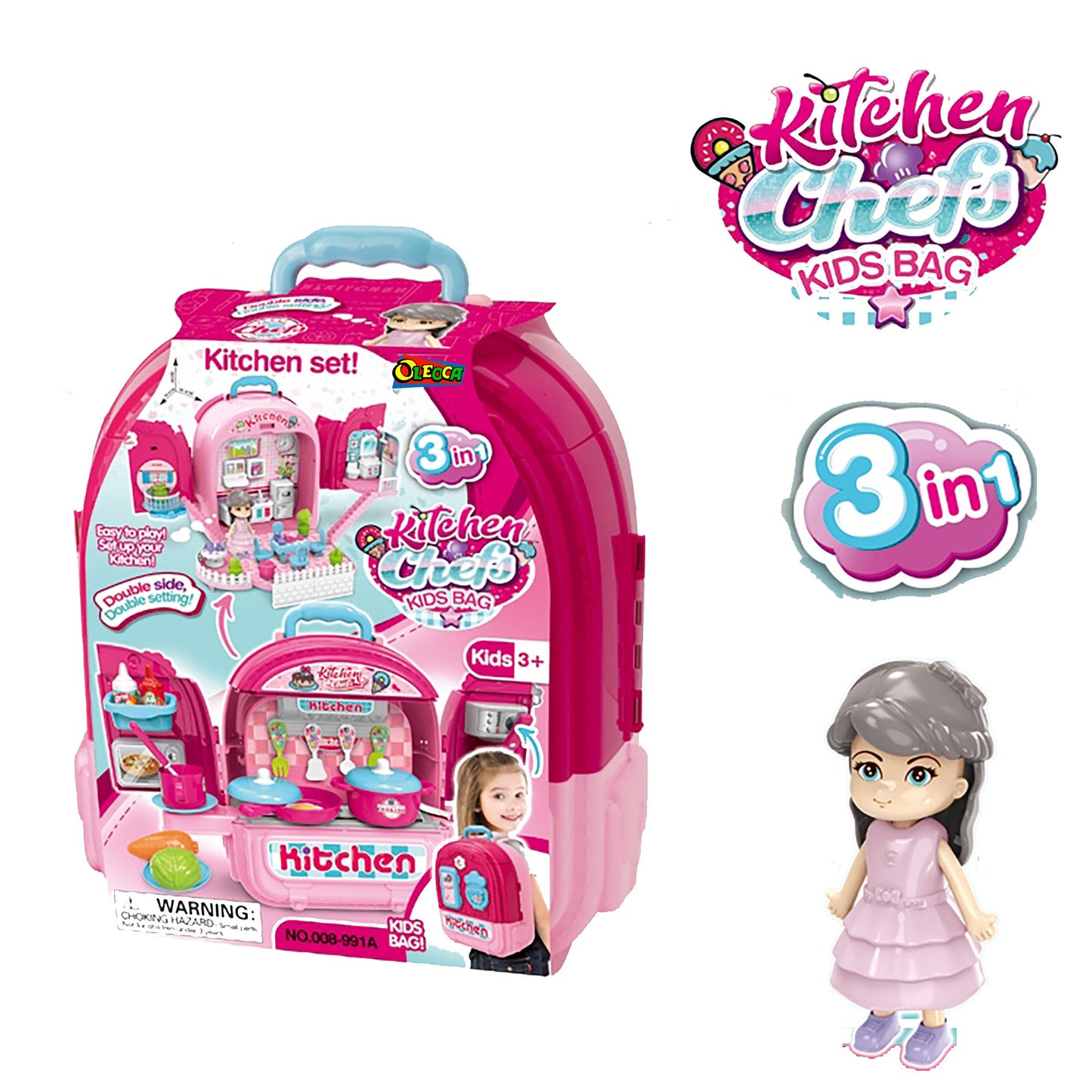 OLEOCA Children's 3 in 1 Portable Kitchen Playset, Double-sided with Doll and Kitchenware Accessories, Carry Case/Backpack