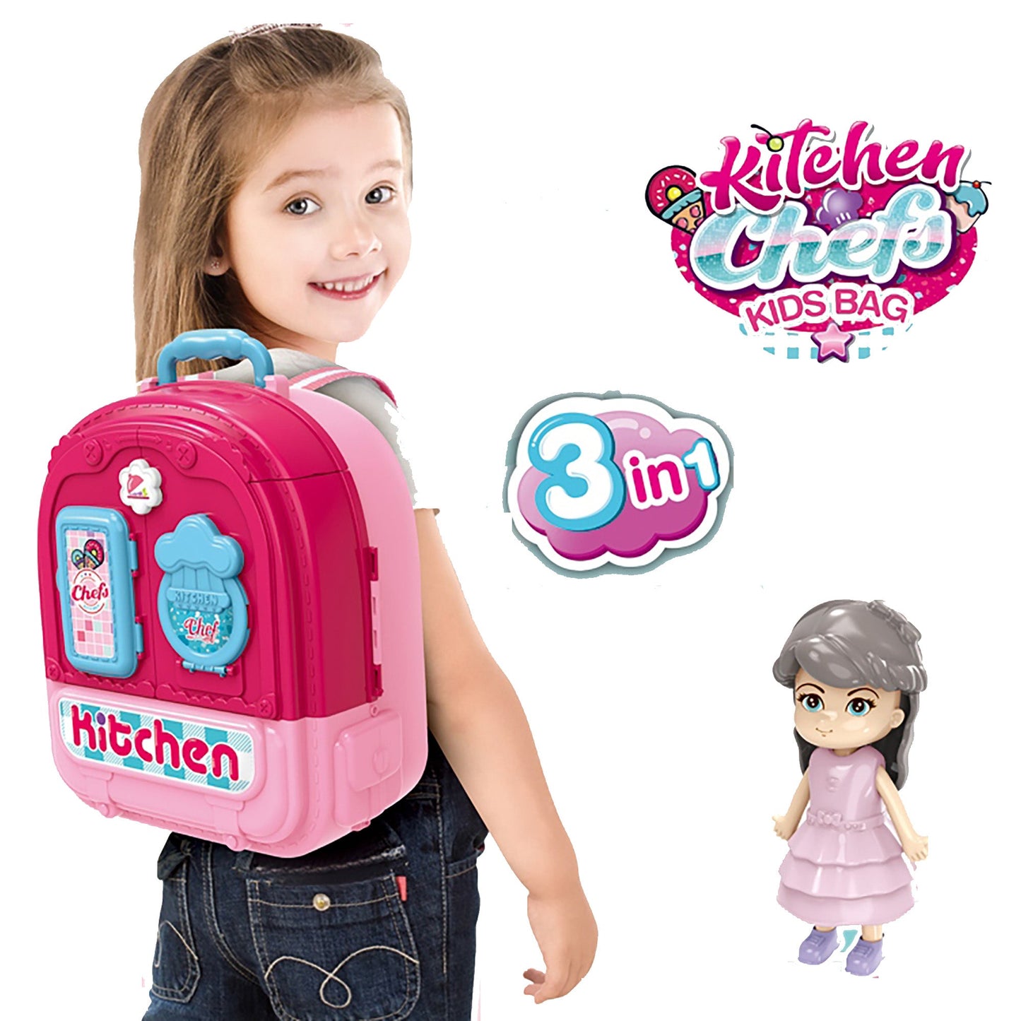 OLEOCA Children's 3 in 1 Portable Kitchen Playset, Double-sided with Doll and Kitchenware Accessories, Carry Case/Backpack