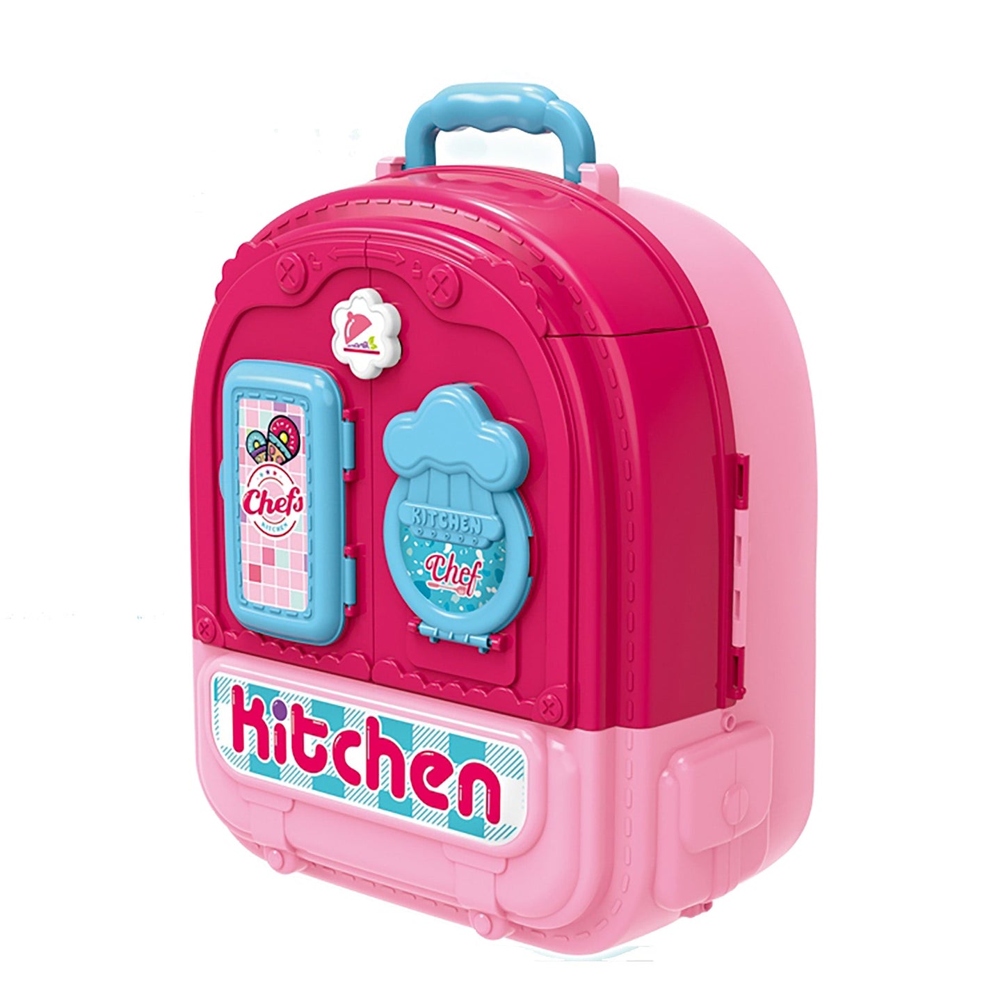 OLEOCA Children's 3 in 1 Portable Kitchen Playset, Double-sided with Doll and Kitchenware Accessories, Carry Case/Backpack