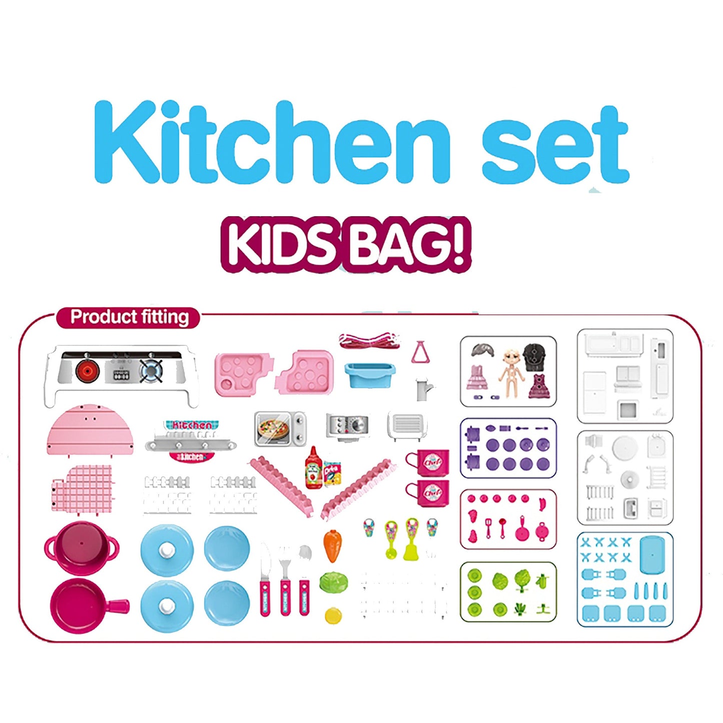 OLEOCA Children's 3 in 1 Portable Kitchen Playset, Double-sided with Doll and Kitchenware Accessories, Carry Case/Backpack
