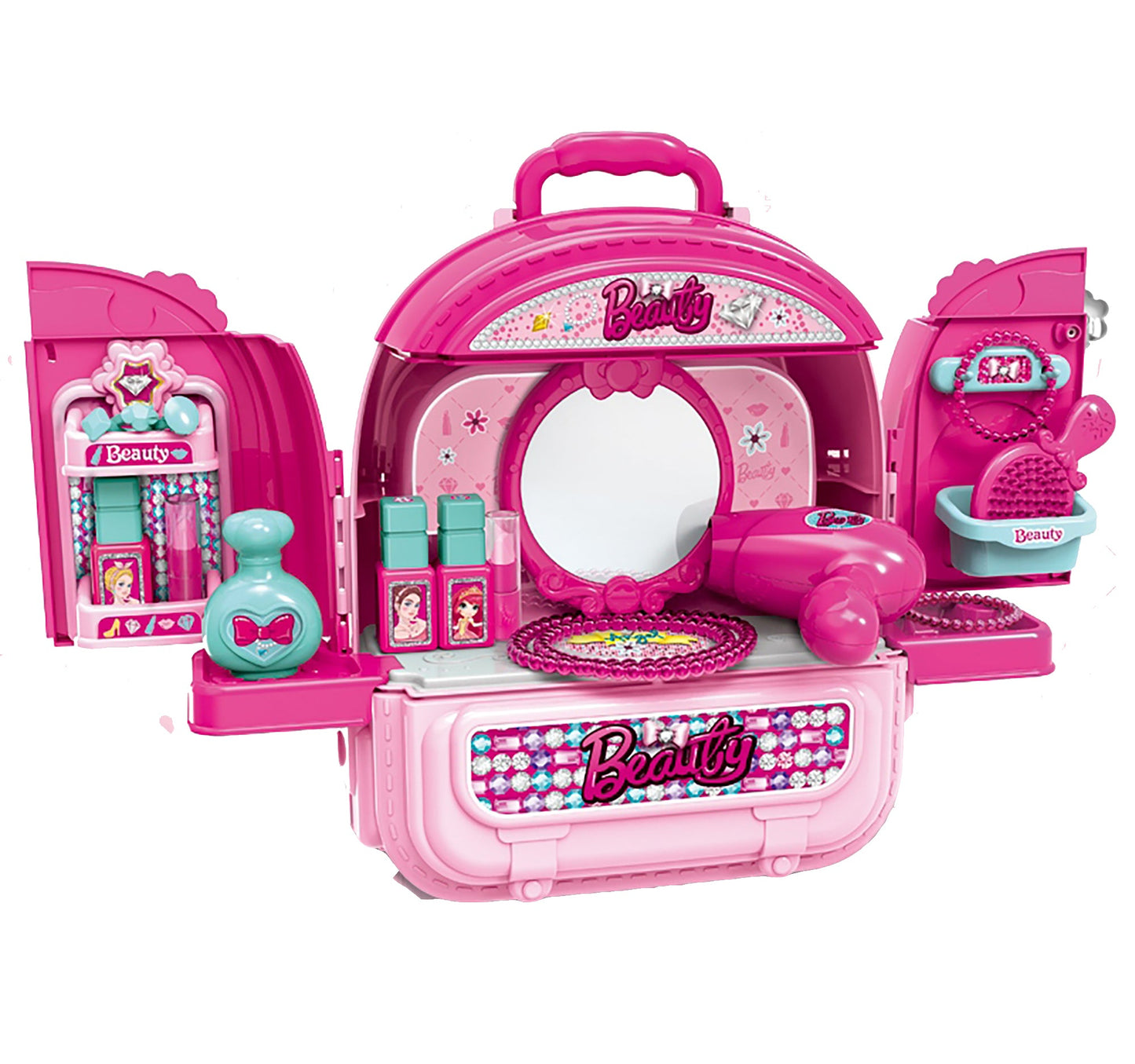 OLEOCA Children's Portable Vanity Dressing Table 3 in 1 Double-sided Beauty Set with Doll and Makeup Accessories, Carry Case/Backpack, for Girls
