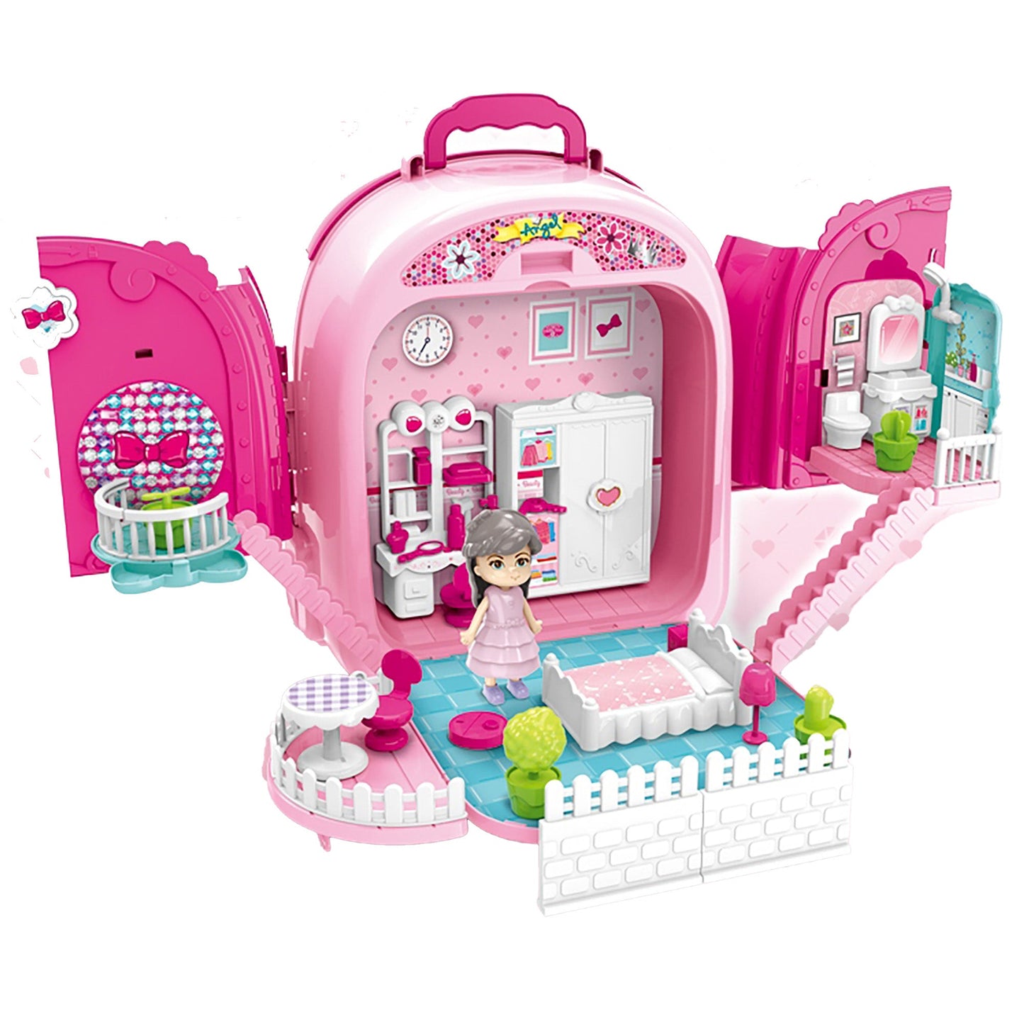 OLEOCA Children's Portable Vanity Dressing Table 3 in 1 Double-sided Beauty Set with Doll and Makeup Accessories, Carry Case/Backpack, for Girls