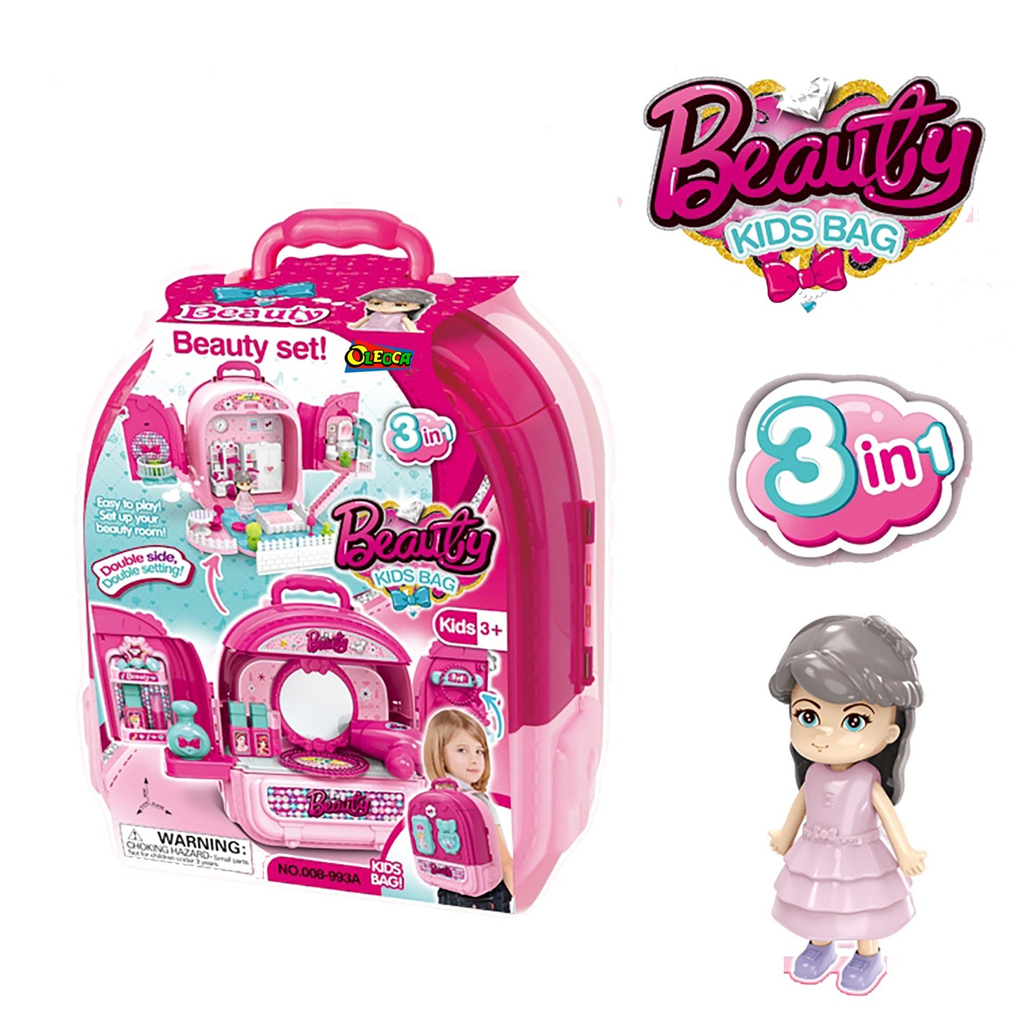 OLEOCA Children's Portable Vanity Dressing Table 3 in 1 Double-sided Beauty Set with Doll and Makeup Accessories, Carry Case/Backpack, for Girls