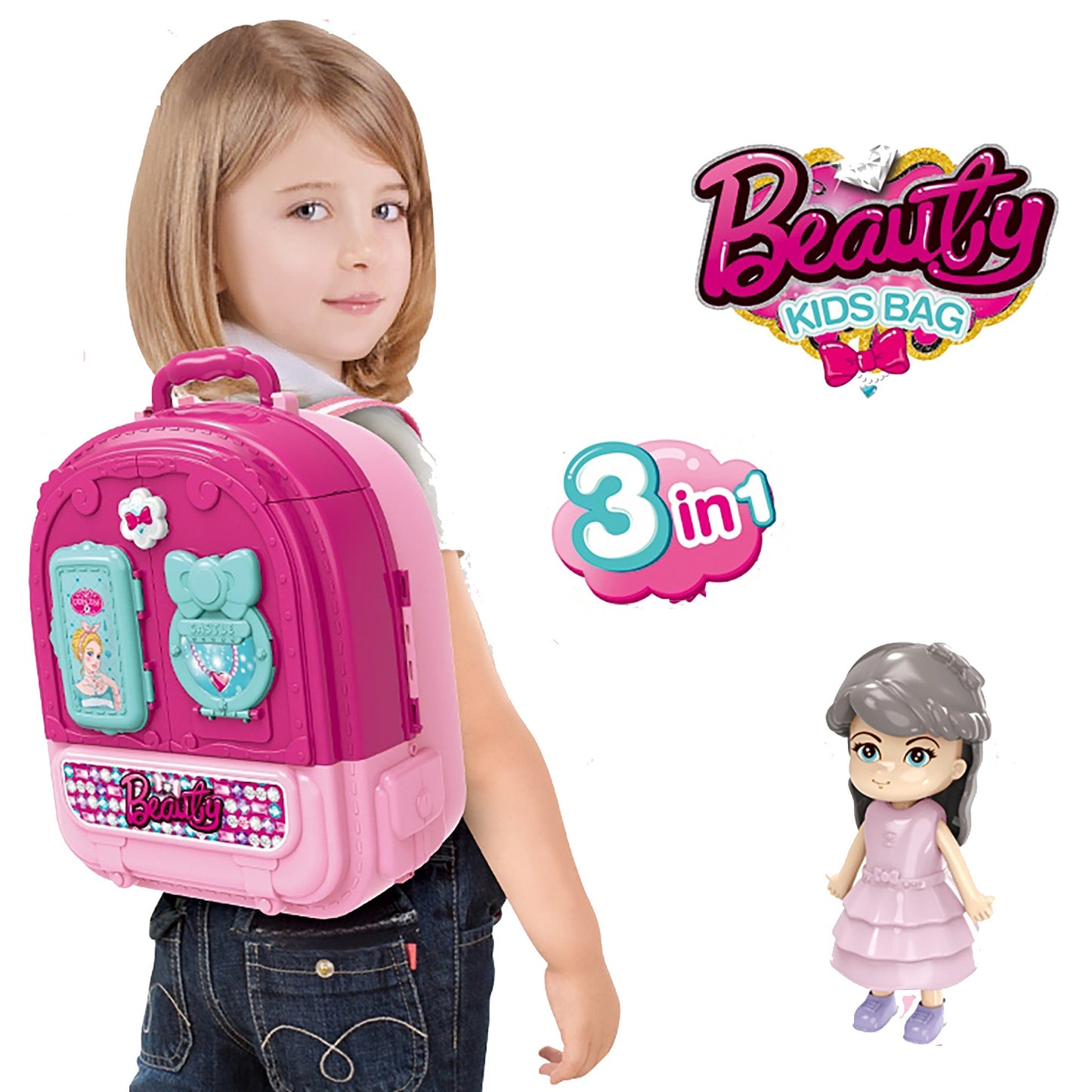 OLEOCA Children's Portable Vanity Dressing Table 3 in 1 Double-sided Beauty Set with Doll and Makeup Accessories, Carry Case/Backpack, for Girls
