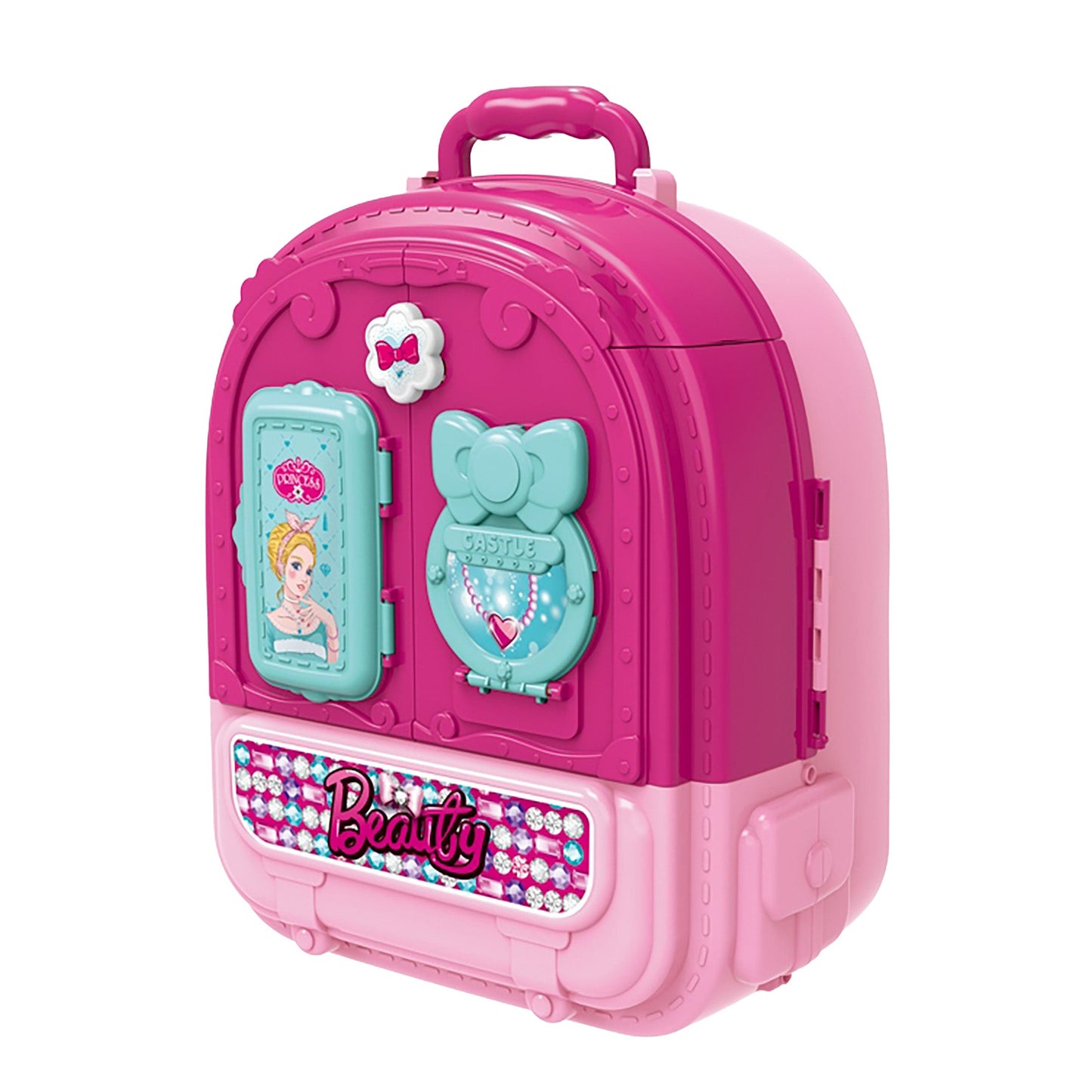 OLEOCA Children's Portable Vanity Dressing Table 3 in 1 Double-sided Beauty Set with Doll and Makeup Accessories, Carry Case/Backpack, for Girls