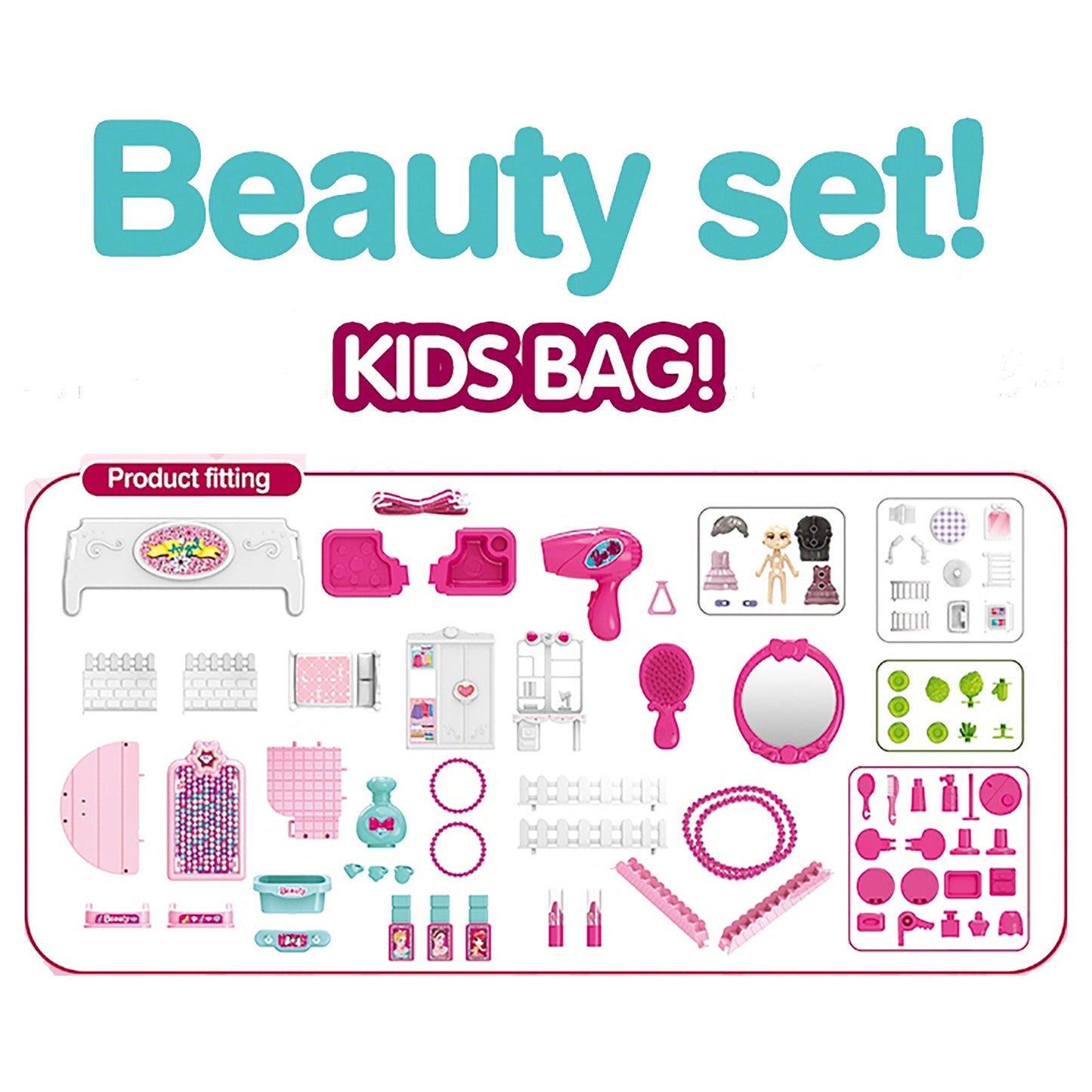 OLEOCA Children's Portable Vanity Dressing Table 3 in 1 Double-sided Beauty Set with Doll and Makeup Accessories, Carry Case/Backpack, for Girls