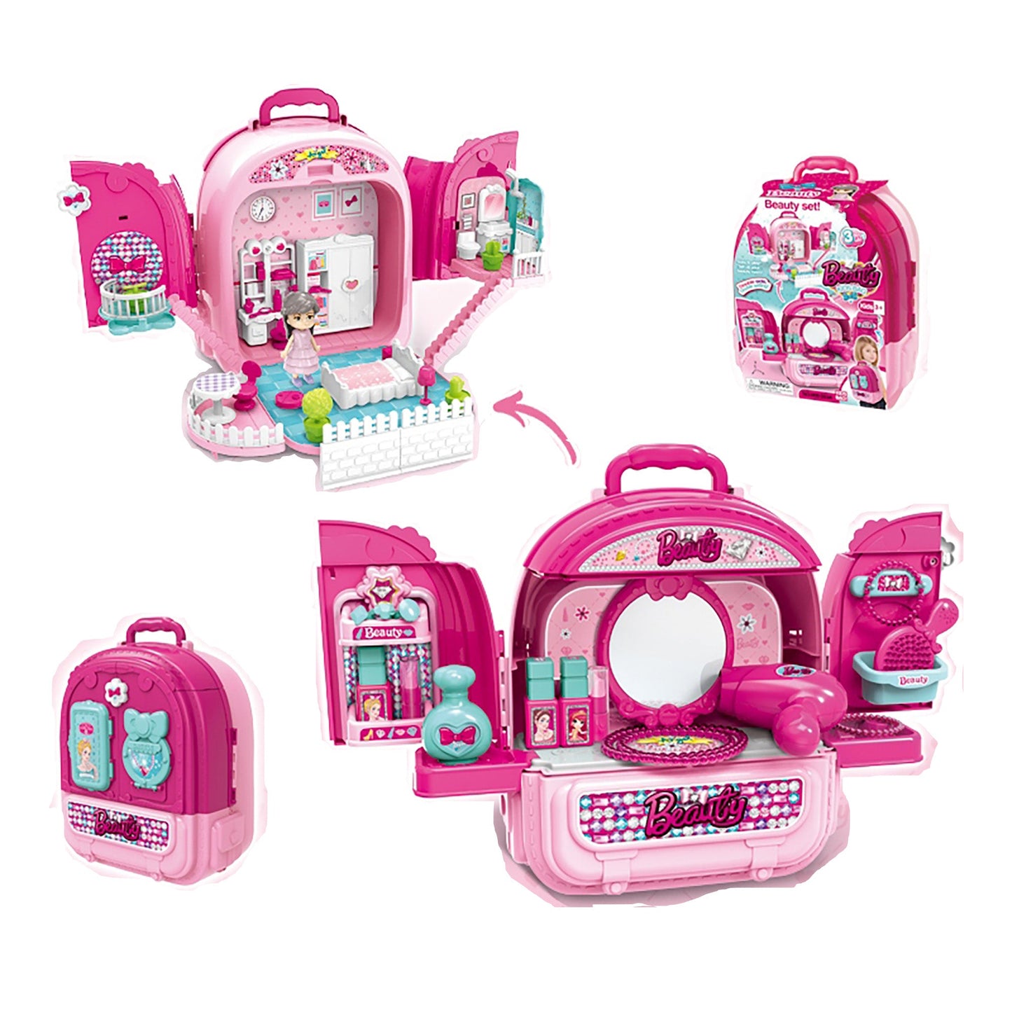OLEOCA Children's Portable Vanity Dressing Table 3 in 1 Double-sided Beauty Set with Doll and Makeup Accessories, Carry Case/Backpack, for Girls