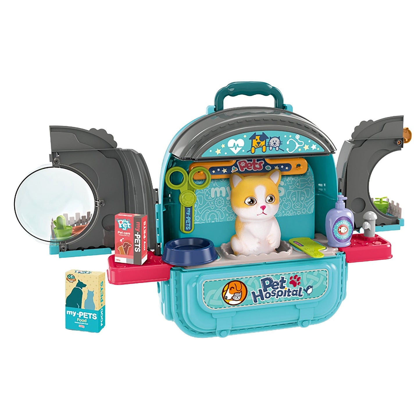 OLEOCA Children's 3 in 1 Portable Pet Hospital Set, Double-sided Animal Pet Vet Care with Dolls and Accessories, Carry Case/Backpack