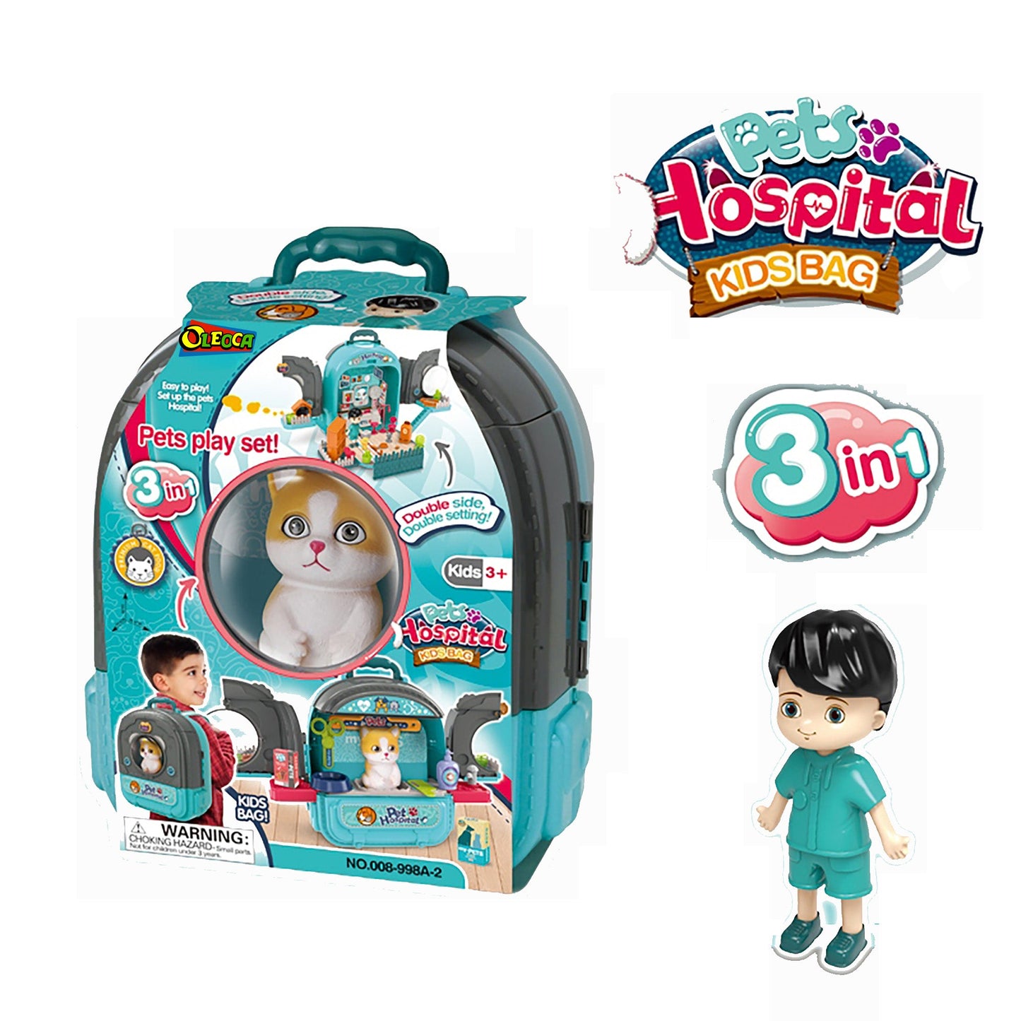 OLEOCA Children's 3 in 1 Portable Pet Hospital Set, Double-sided Animal Pet Vet Care with Dolls and Accessories, Carry Case/Backpack