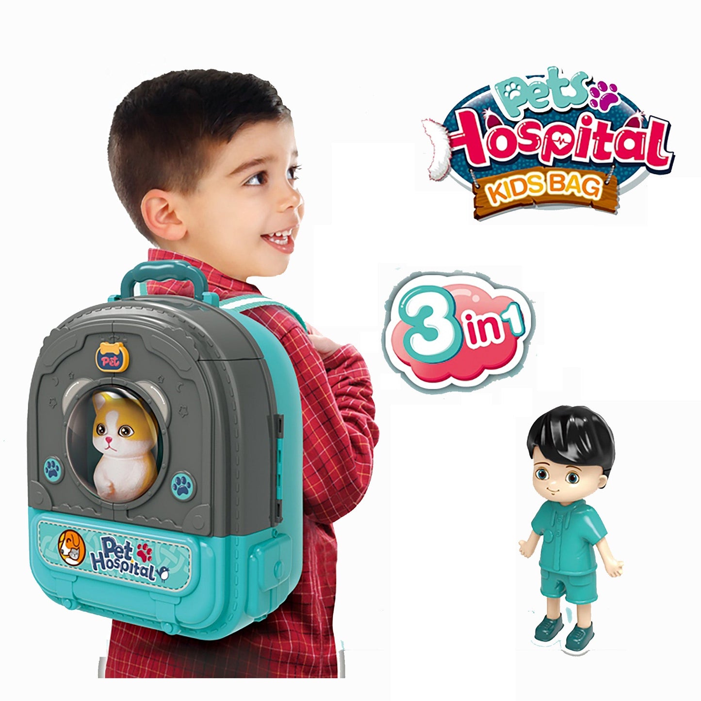 OLEOCA Children's 3 in 1 Portable Pet Hospital Set, Double-sided Animal Pet Vet Care with Dolls and Accessories, Carry Case/Backpack