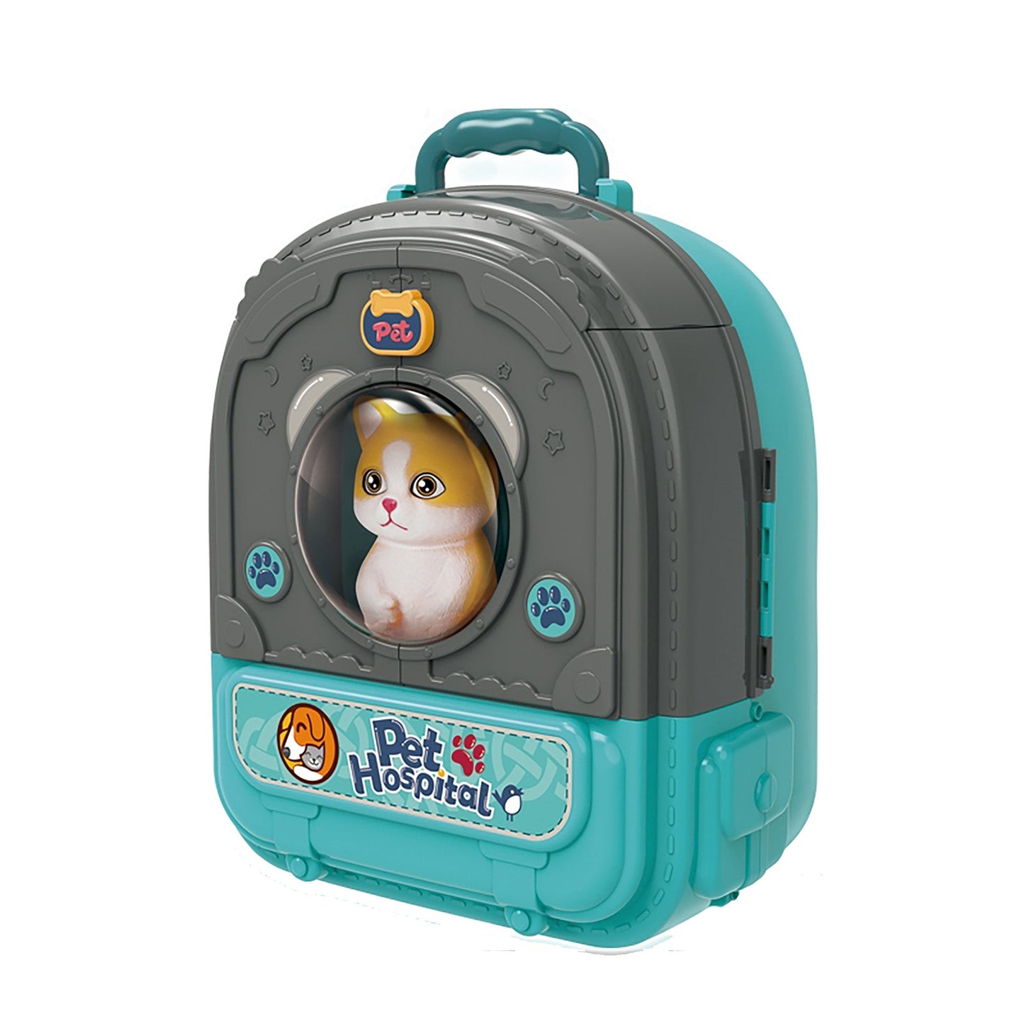OLEOCA Children's 3 in 1 Portable Pet Hospital Set, Double-sided Animal Pet Vet Care with Dolls and Accessories, Carry Case/Backpack