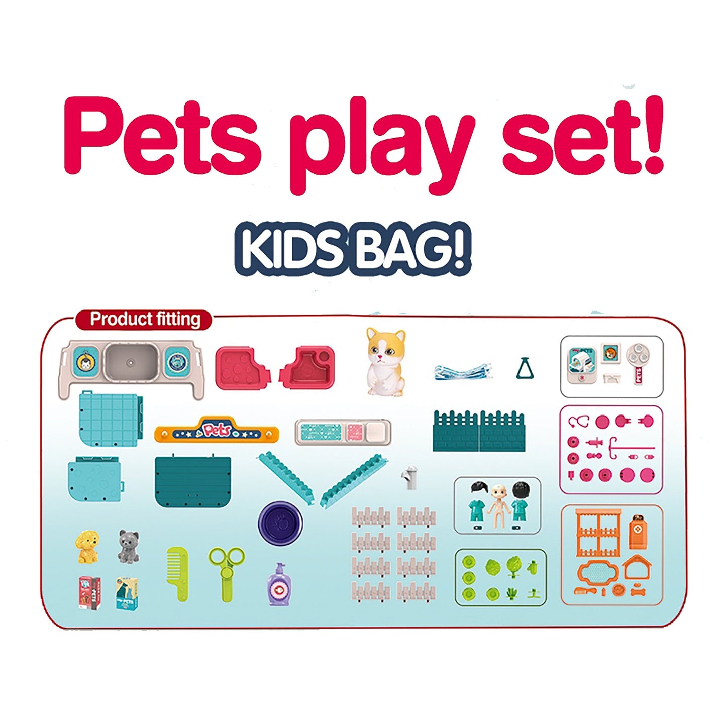 OLEOCA Children's 3 in 1 Portable Pet Hospital Set, Double-sided Animal Pet Vet Care with Dolls and Accessories, Carry Case/Backpack