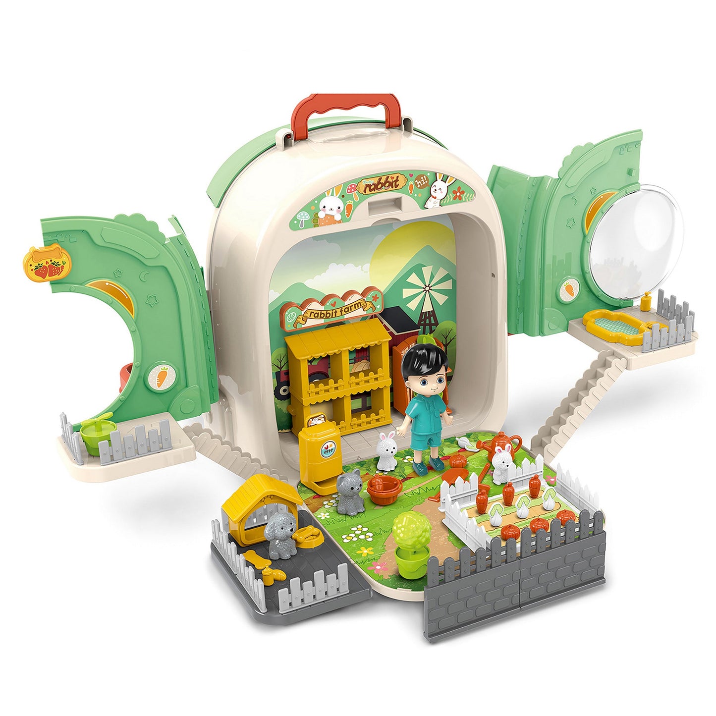 OLEOCA Children's 3 in 1 Portable Vegetable Garden and Kitchen Play Set, Double-sided - Rabbit Kitchen and Small Farm with Dolls and Accessories, Carry Case/Backpack