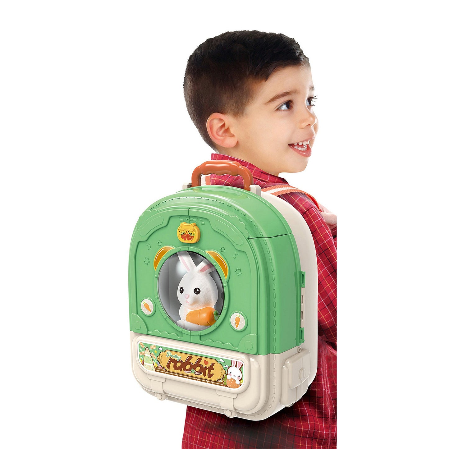 OLEOCA Children's 3 in 1 Portable Vegetable Garden and Kitchen Play Set, Double-sided - Rabbit Kitchen and Small Farm with Dolls and Accessories, Carry Case/Backpack