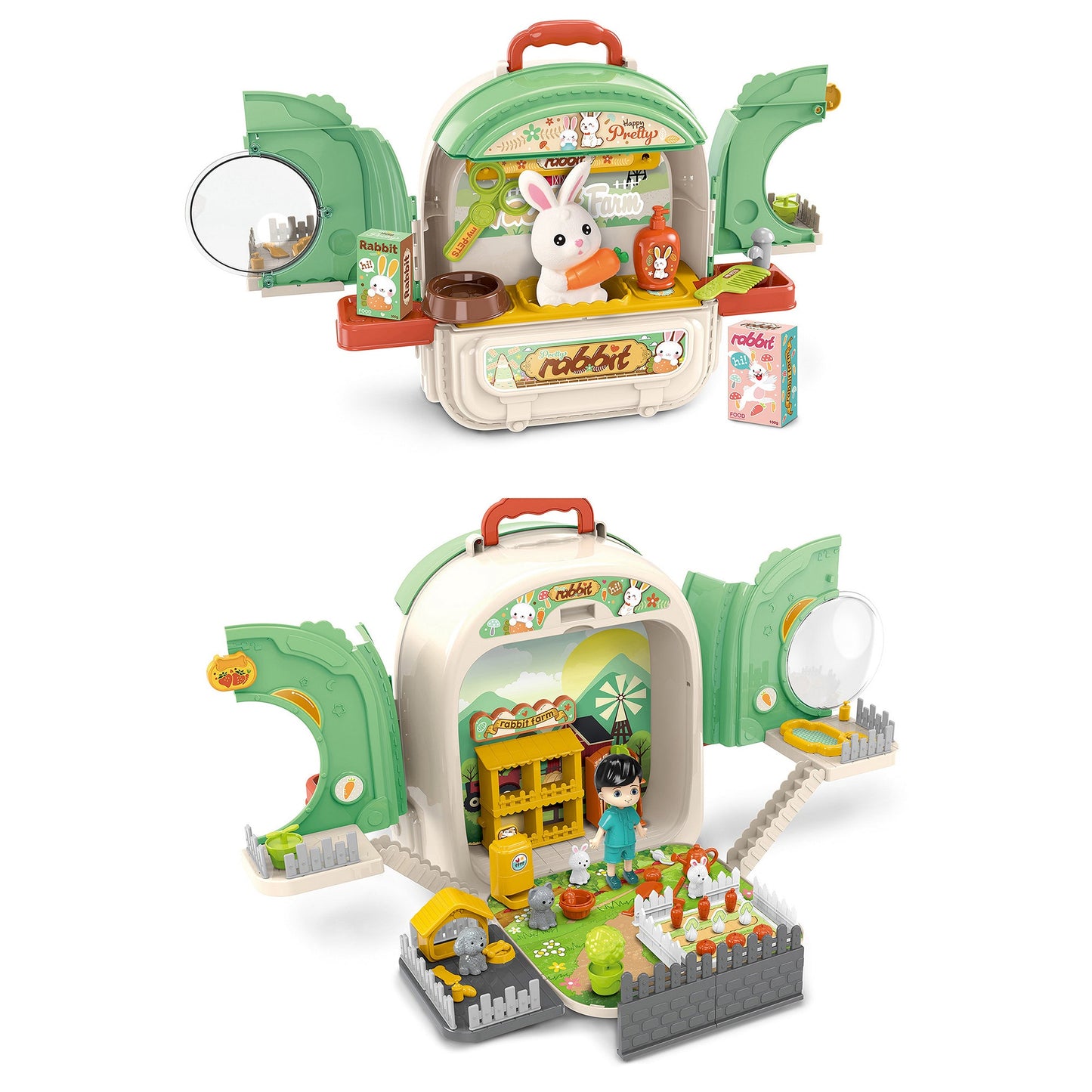 OLEOCA Children's 3 in 1 Portable Vegetable Garden and Kitchen Play Set, Double-sided - Rabbit Kitchen and Small Farm with Dolls and Accessories, Carry Case/Backpack