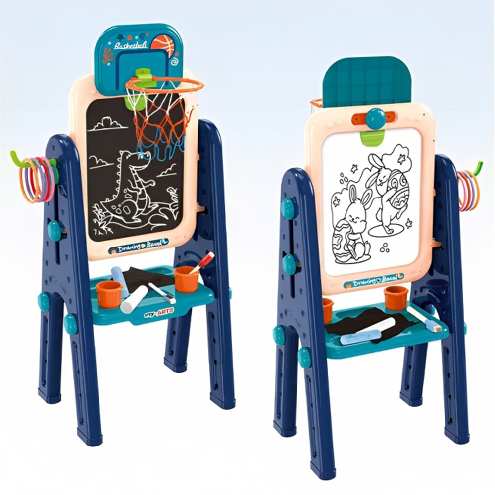 OLEOCA Children's Educational Multifunctional Drawing Toy Easel 4 in 1, Double Sided Adjustable Chalkboard, Magnetic Dry-Erase Board, Basketball, Ring Toss Game