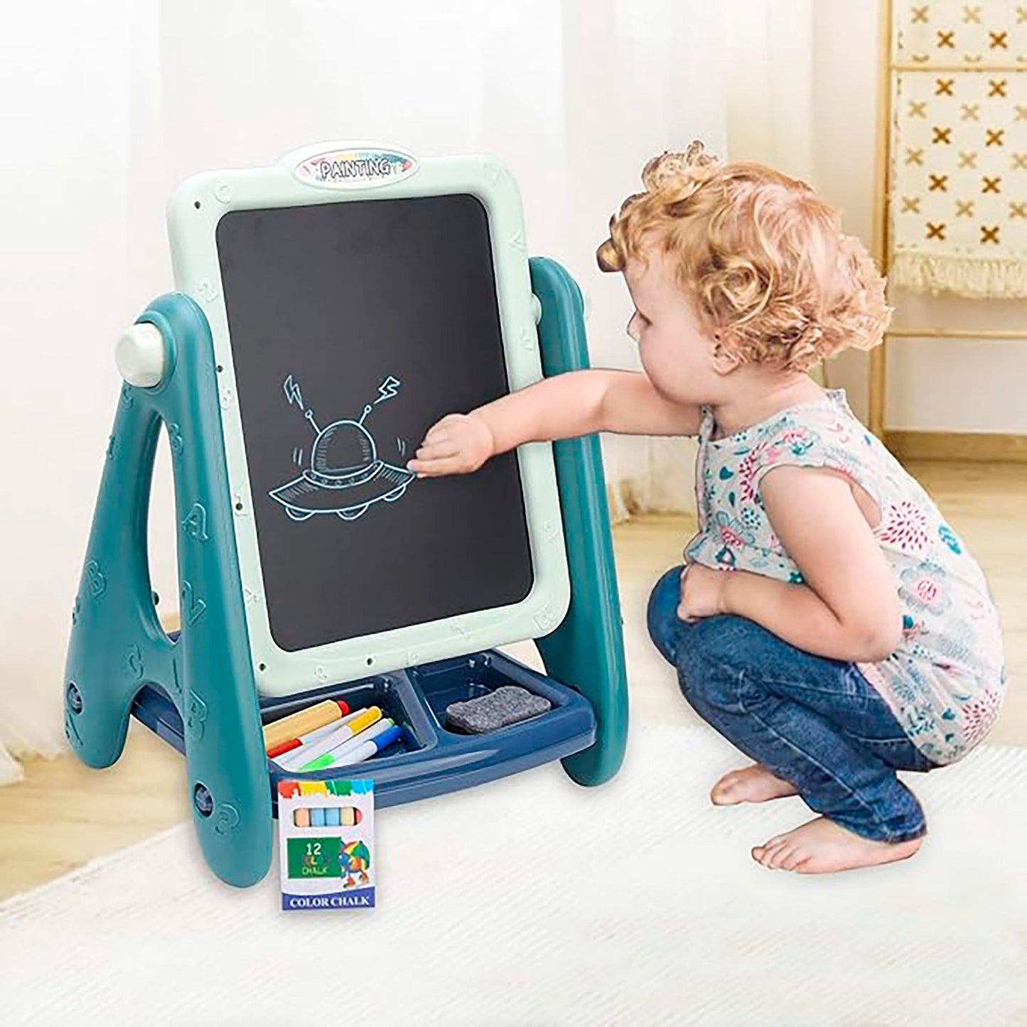 OLEOCA Children's Educational Tabletop Artist Drawing Toy Easel 4 in 1, Double Sided Chalkboard, Magnetic Dry-Erase Board, Ring Toss Game