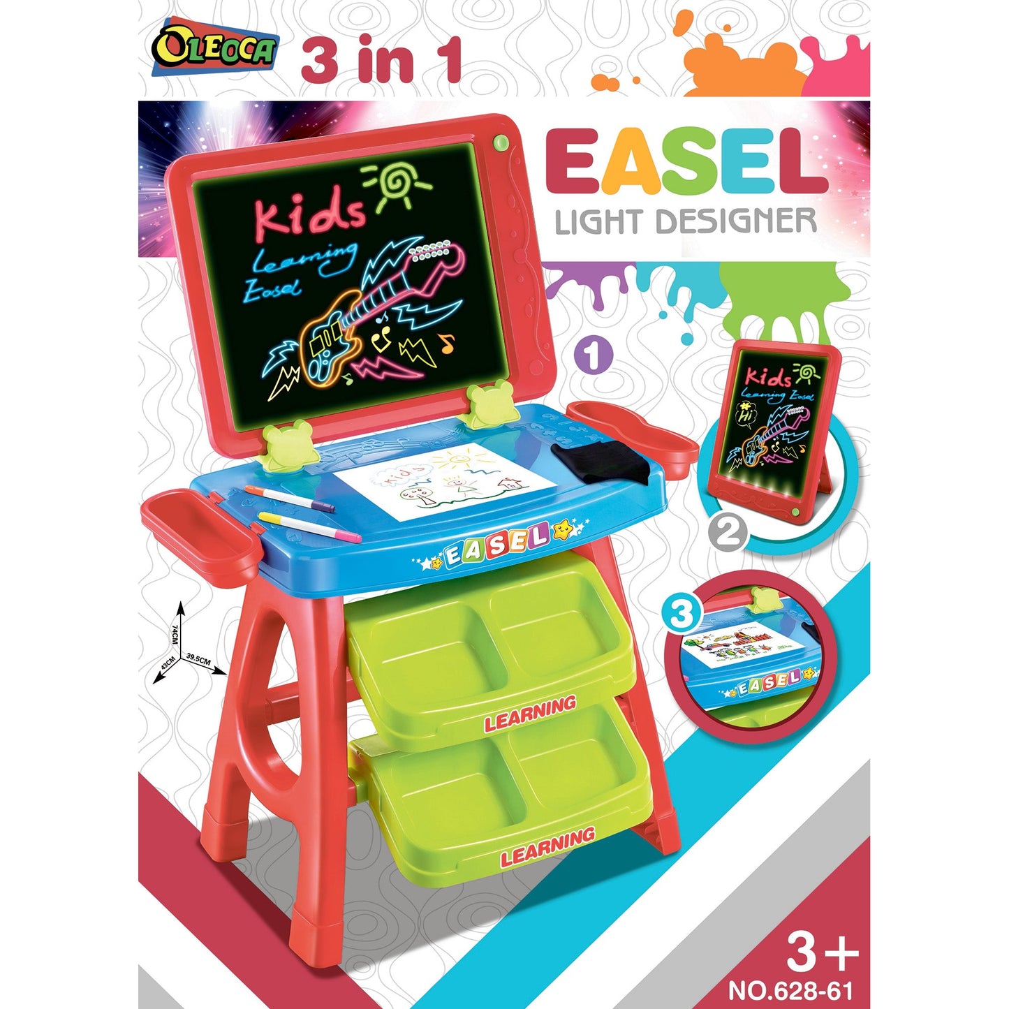 OLEOCA Children's Educational Drawing Toy Easel 3 in 1 - Painting Learning Desk/Table - Board LED light