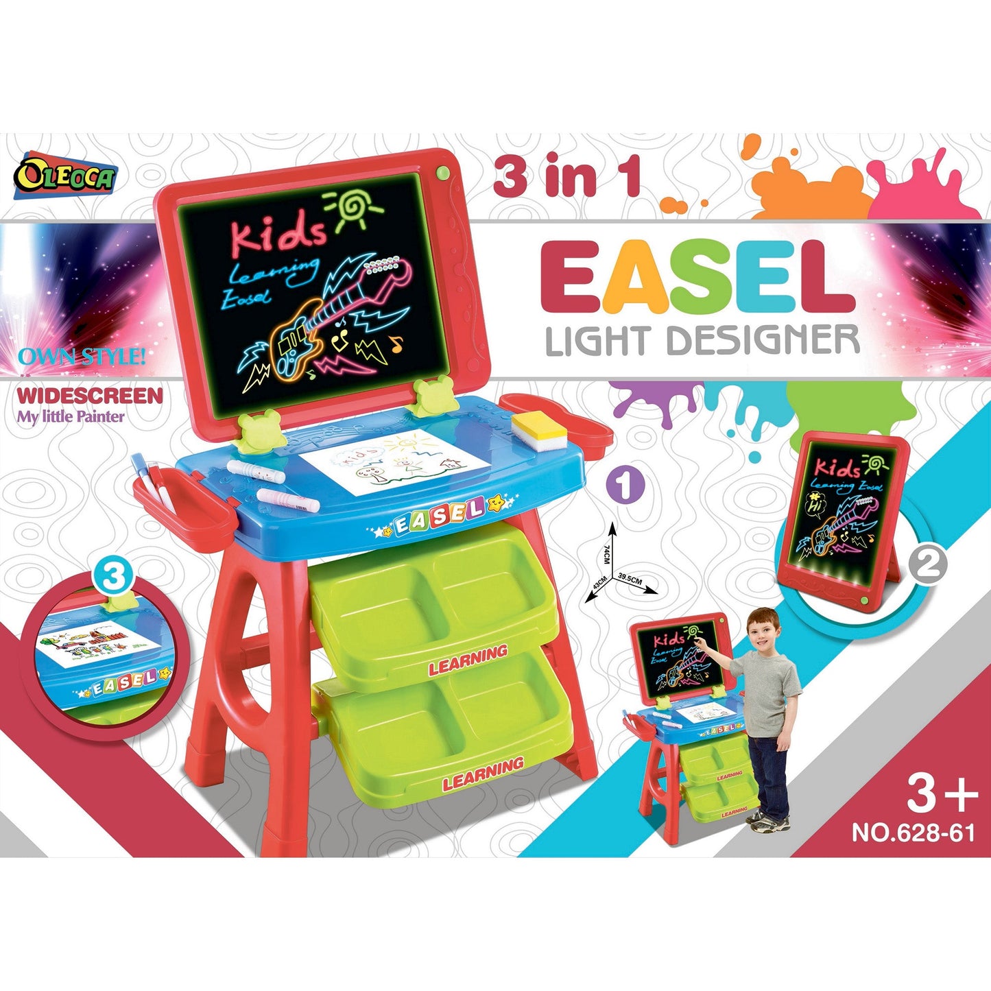 OLEOCA Children's Educational Drawing Toy Easel 3 in 1 - Painting Learning Desk/Table - Board LED light