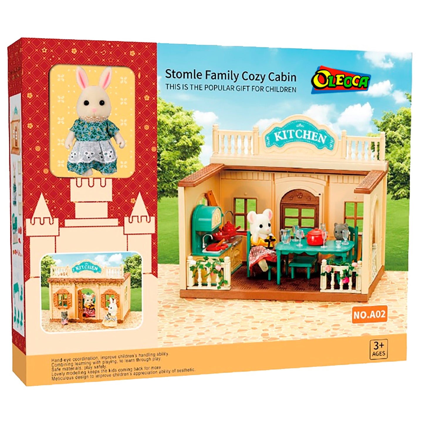 OLEOCA Family Children's Kitchen Room Dollhouse Playset with Miniature Doll Figure, Furniture and Utensils included