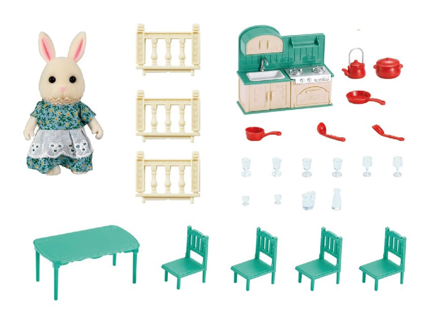 OLEOCA Family Children's Kitchen Room Dollhouse Playset with Miniature Doll Figure, Furniture and Utensils included