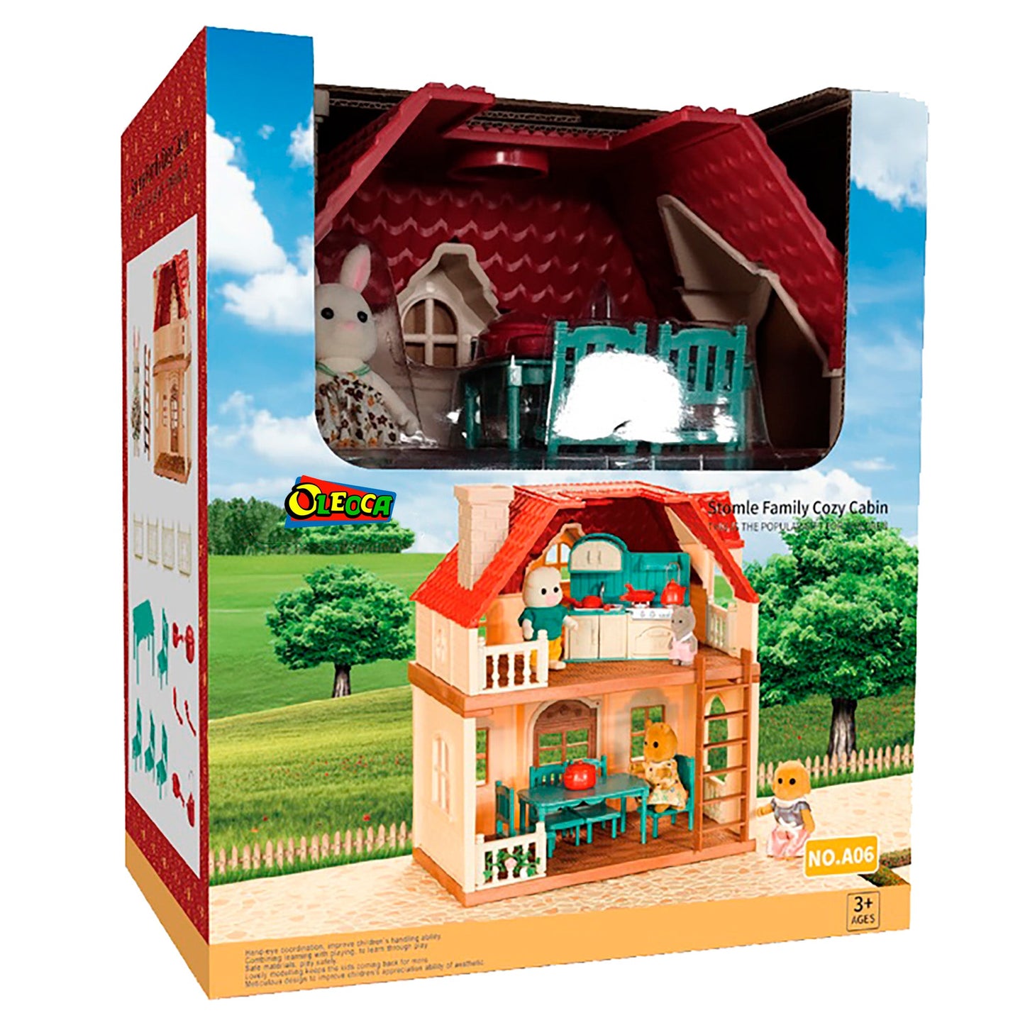 OLEOCA Family Children's Dining Room Villa Dollhouse Playset with Miniature Doll Figure, Furniture and Utensils included