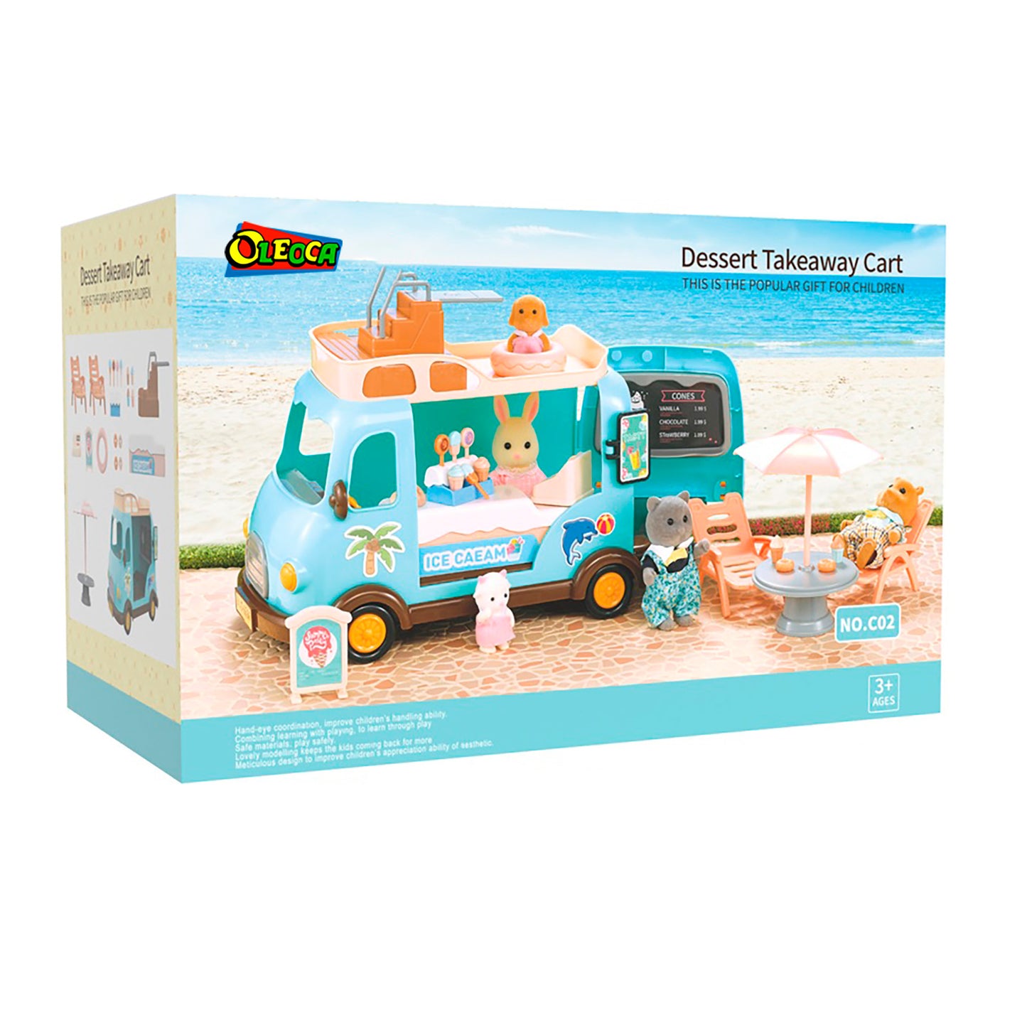 OLEOCA Family Children's Ice Cream Beach Bus Dollhouse Playset with Furniture and Accessories included