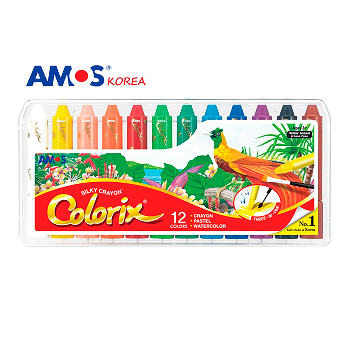Box of Silky Crayon Colorix featuring a bird illustration, perfect for art drawing, doodling, and crafts with 12 vibrant colors.
