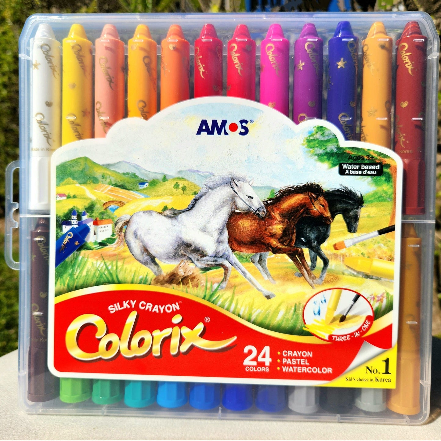 AMOS Korea COLORIX 3 in 1 Silky Crayons, Twistable, Washable, Smooth, Safe and Non-toxic, 24 colors in Plastic case OleocaToys