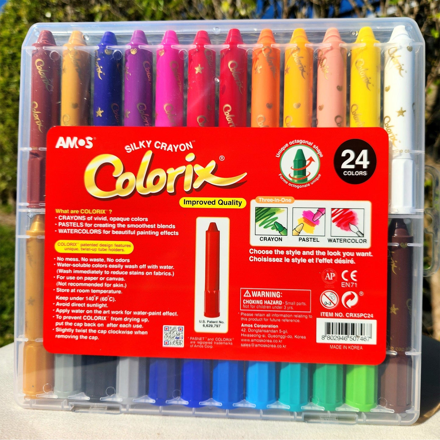 AMOS Korea COLORIX 3 in 1 Silky Crayons, Twistable, Washable, Smooth, Safe and Non-toxic, 24 colors in Plastic case OleocaToys