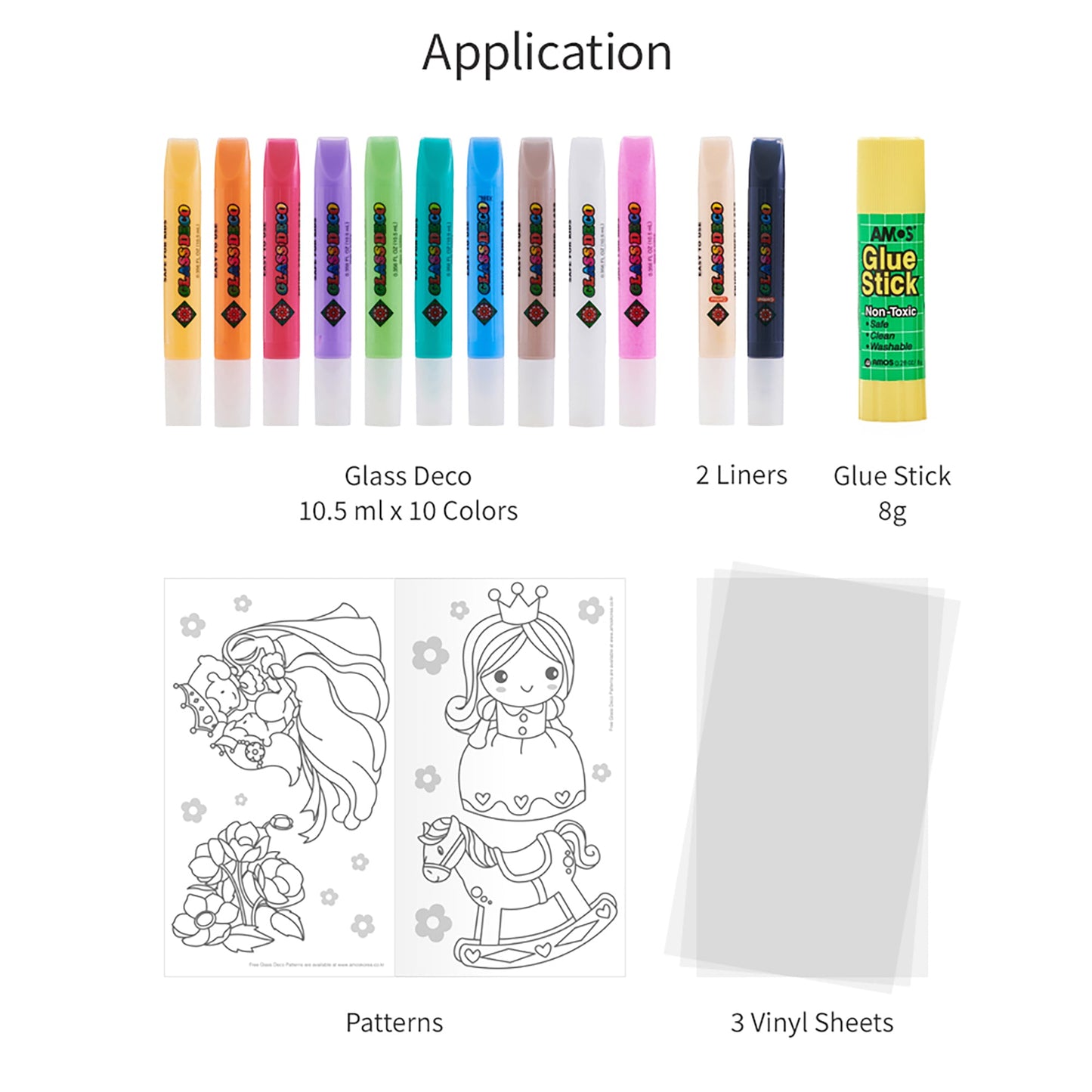 AMOS Korea GLASS DECO DIY Kit Window Art and Craft, Stained Glass Paiting 12 Colors, Glue Stick 8 gr