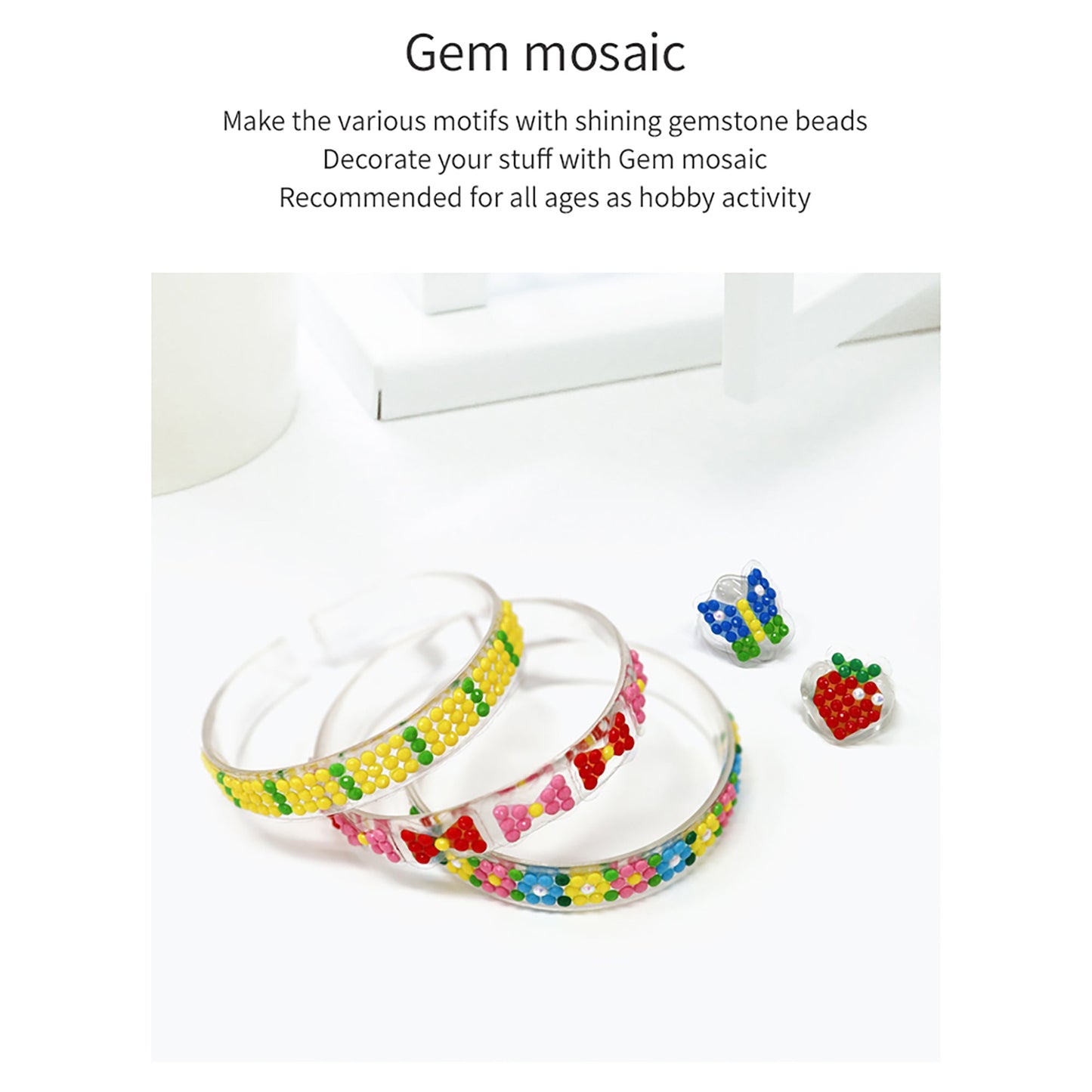 AMOS Korea GEM MOSAIC Jewelry Art Set - Gemmed Braslets, Rings and Art Deco DIY kit for Girls
