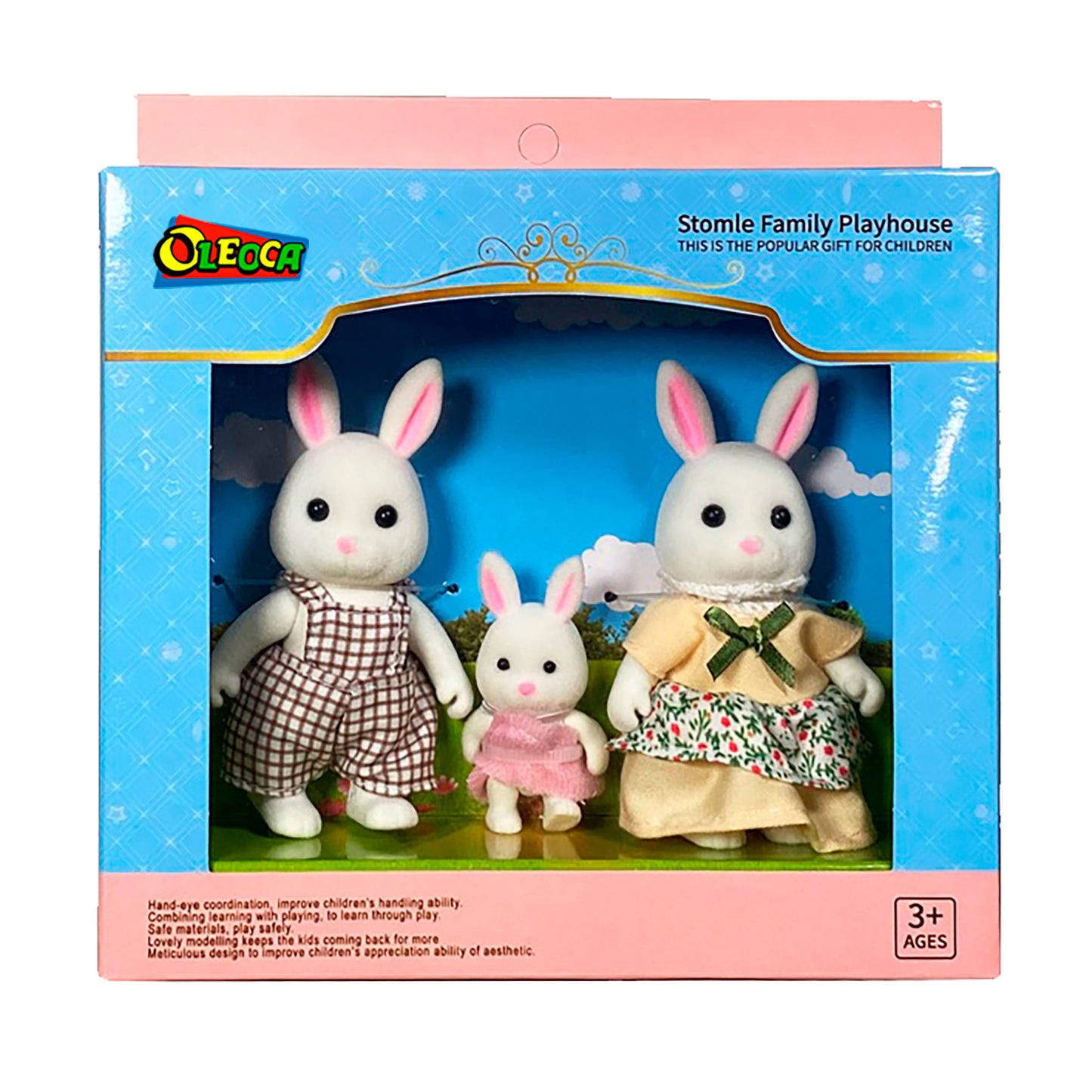 OLEOCA Family Children's Dollhouse Playset of 3 Dressed White Rabbit Miniature Doll Figure