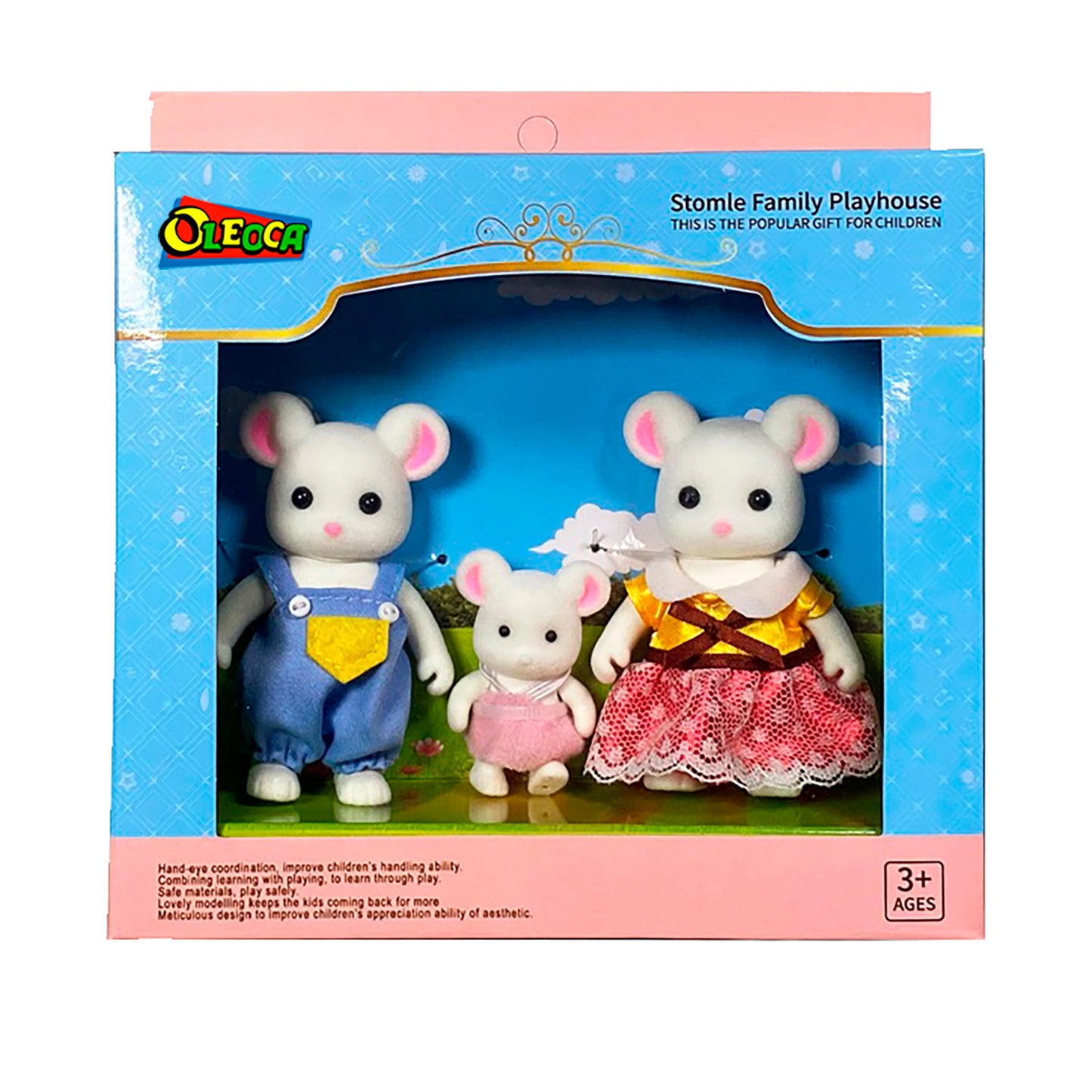 OLEOCA Family Children's Dollhouse Playset of 3 Dressed White Mouse Miniature Doll Figures