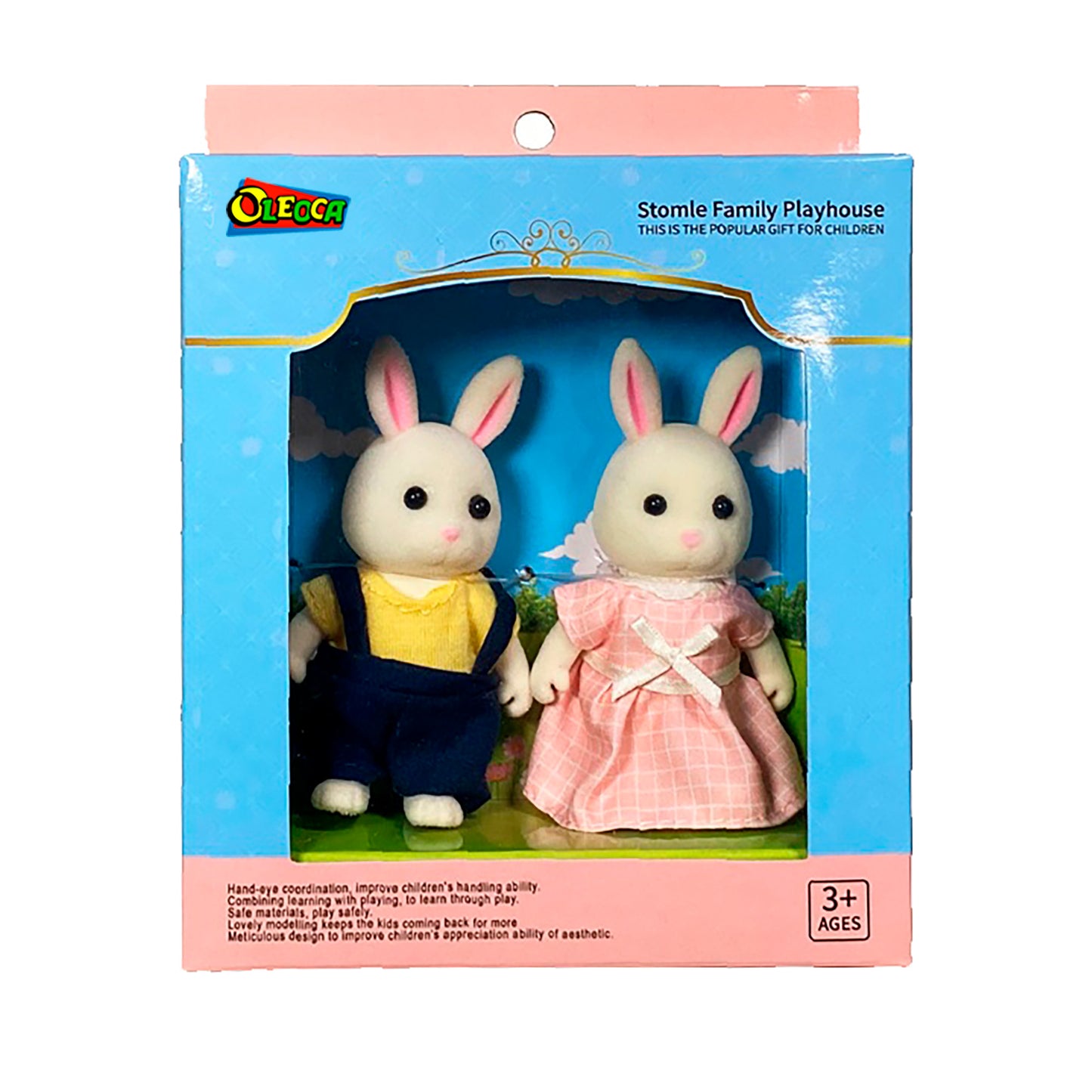 OLEOCA Family Children's Dollhouse Playset of 2 Dressed Cream Rabbit Miniature Doll Figures