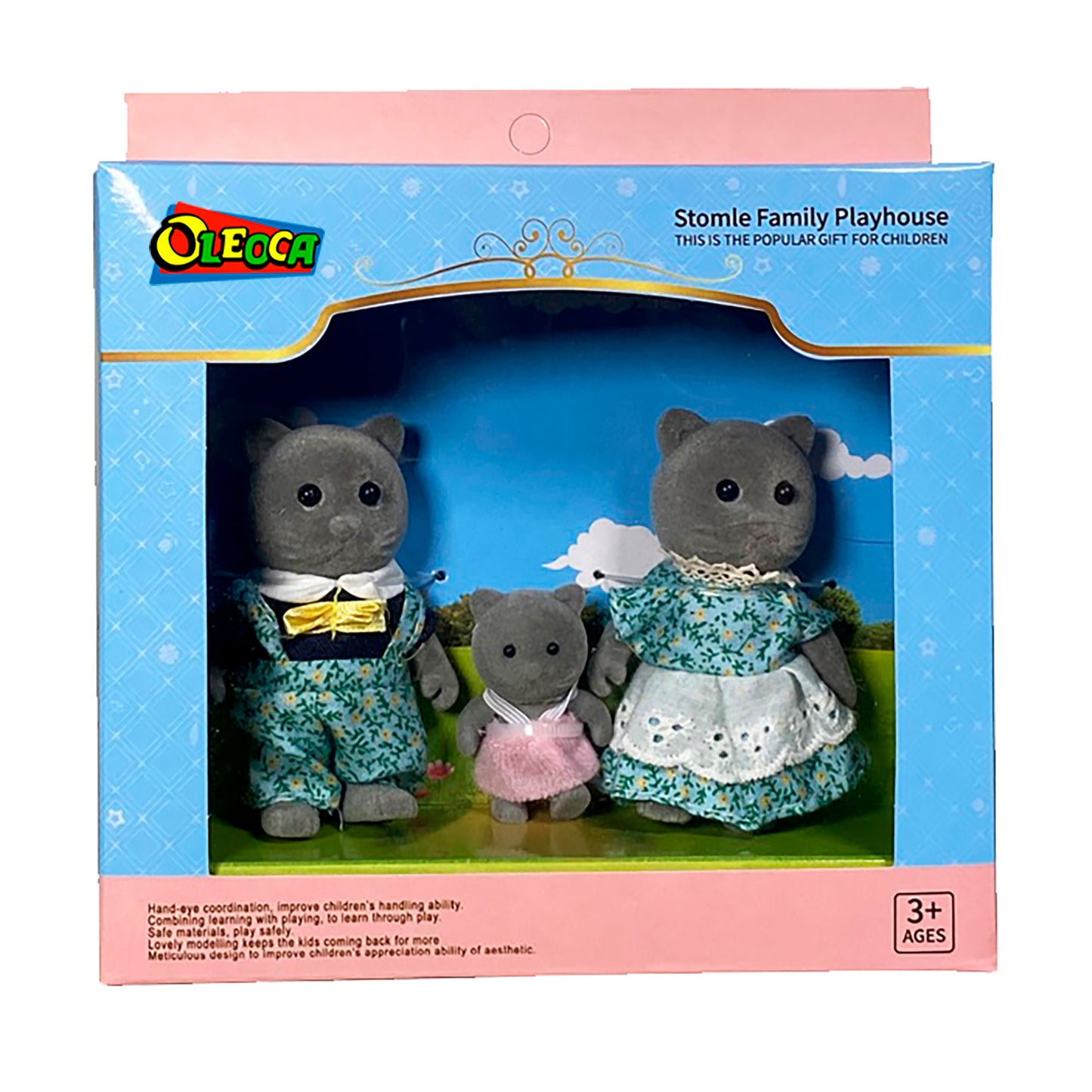 OLEOCA Family Children's Dollhouse Playset of 3 Dressed Blue Cat Miniature Doll Figures