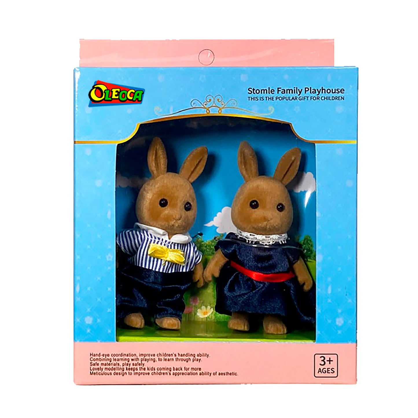 OLEOCA Family Children's Dollhouse Playset of 2 Dressed Brown Rabbit Miniature Doll Figures