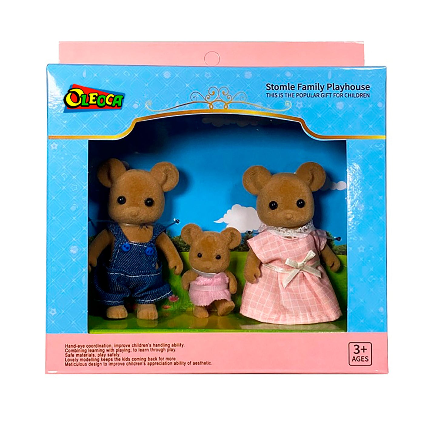 OLEOCA Family Children's Dollhouse Playset of 3 Dressed Brown Rabbit Miniature Doll Figures