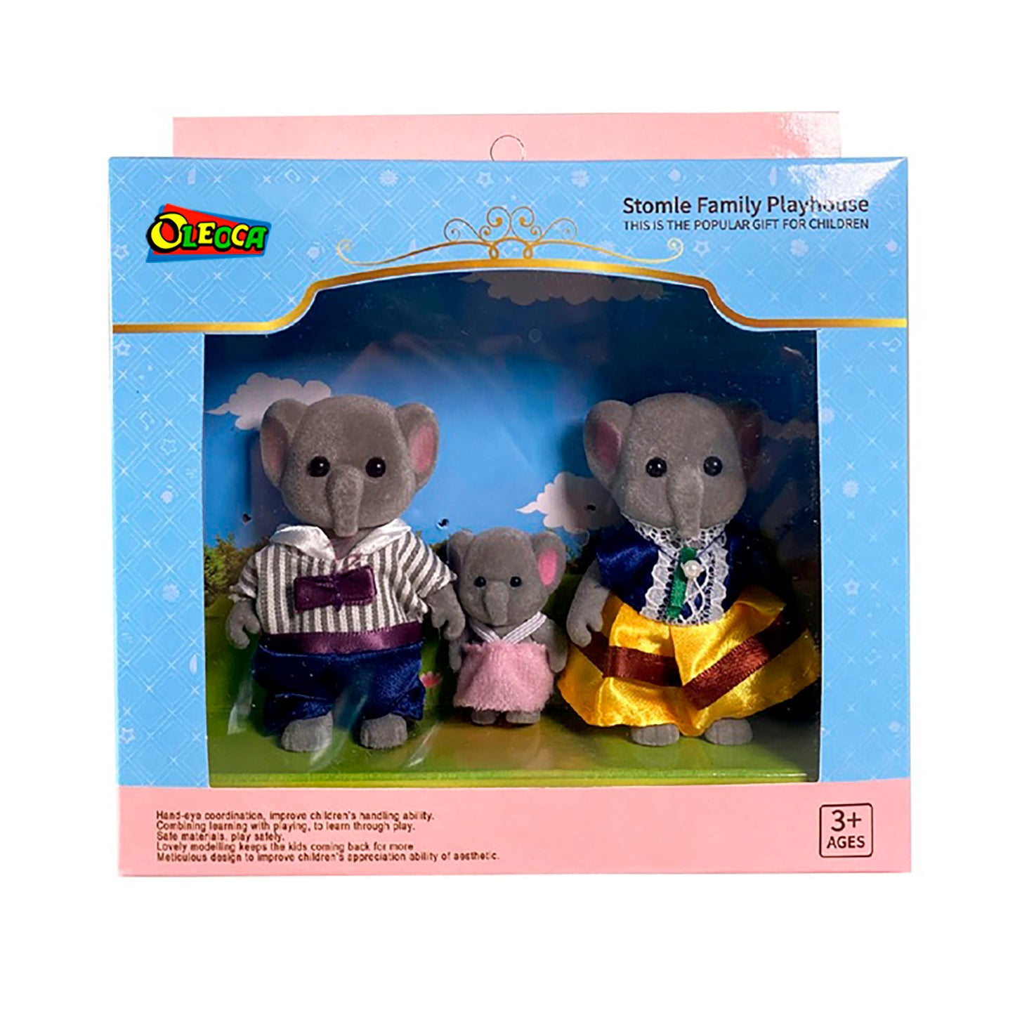 OLEOCA Family Children's Dollhouse Playset of 3 Dressed Gray Elephant Miniature Doll Figures