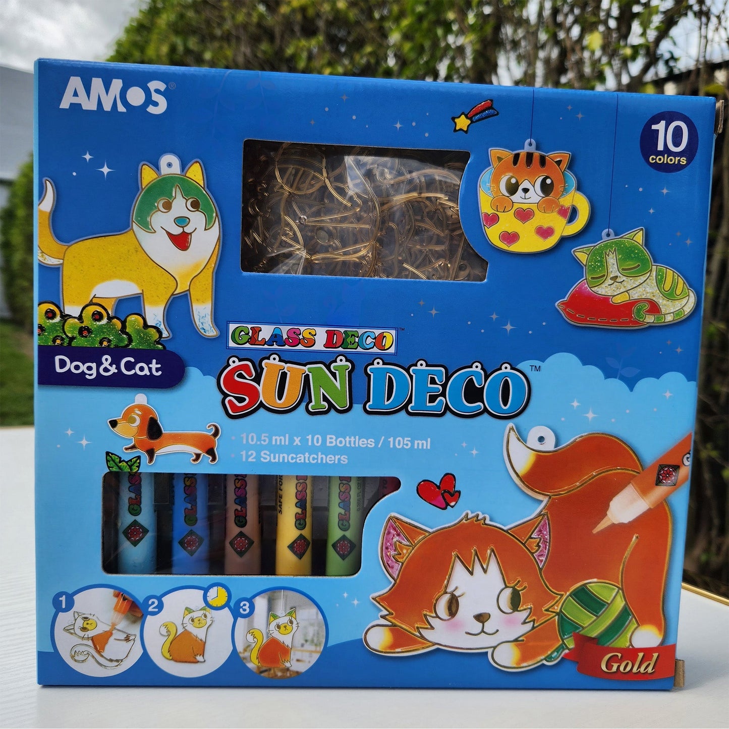 AMOS Korea — 12 Suncatchers DIY Kit — Dogs and Cats, SUN DECO Window Art and Craft, Stained Glass Paiting 10 Colors