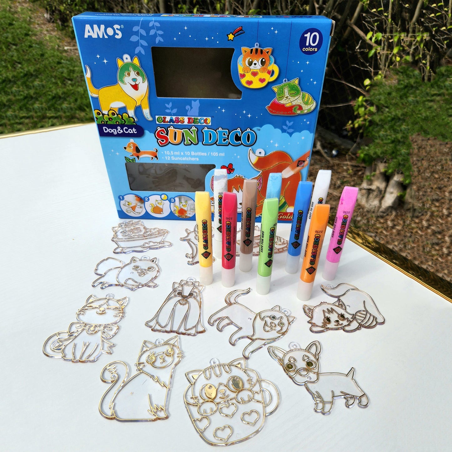 AMOS Korea — 12 Suncatchers DIY Kit — Dogs and Cats, SUN DECO Window Art and Craft, Stained Glass Paiting 10 Colors