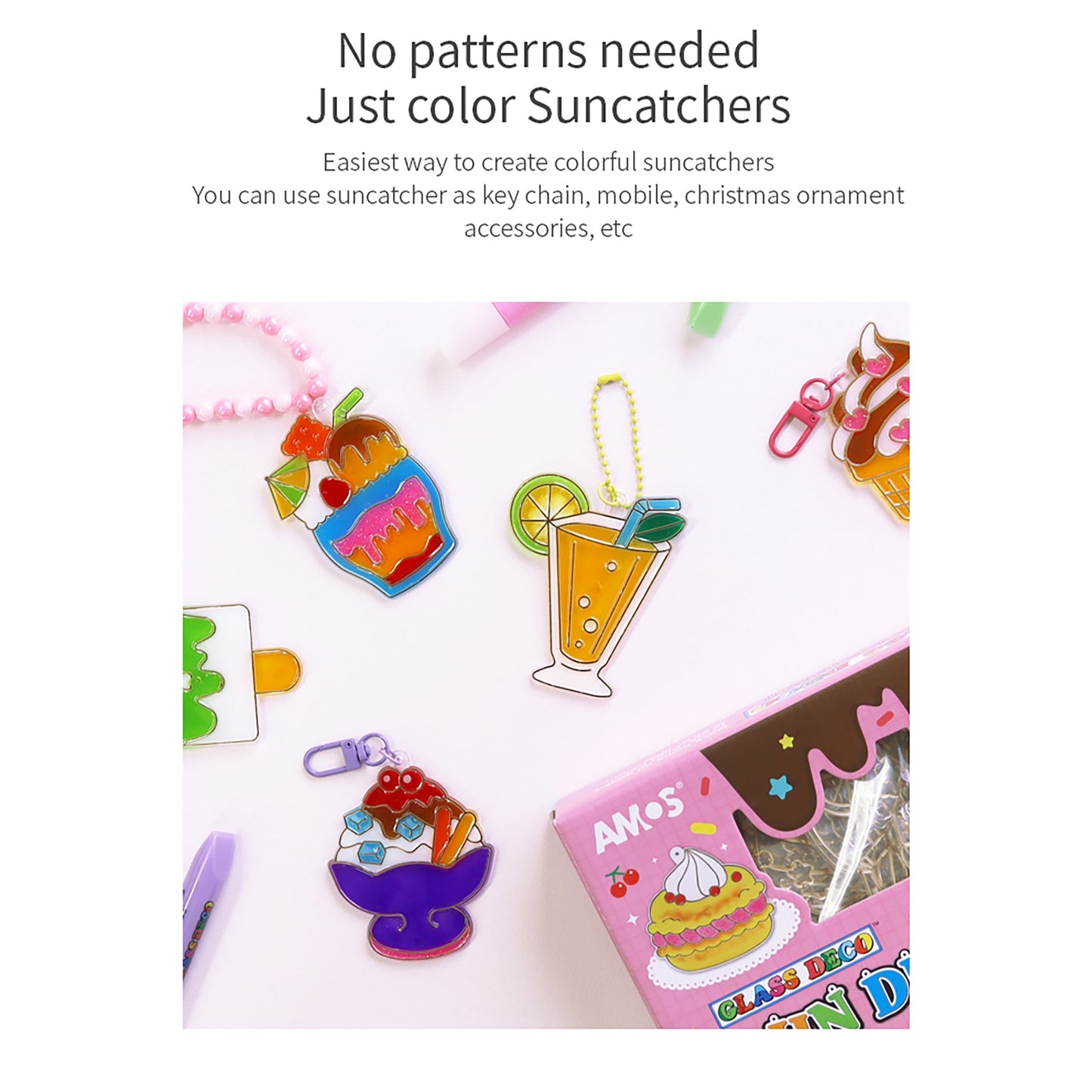 AMOS Korea — 12 Suncatchers DIY Kit — Desserts, SUN DECO Window Art and Craft, Stained Glass Paiting 10 Colors