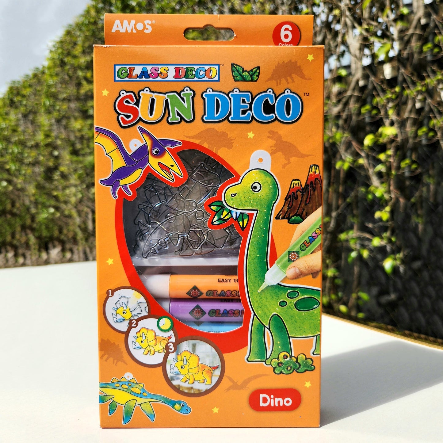 AMOS Korea — 6 Suncatchers DIY Kit — Dino, SUN DECO Window Art and Craft, Stained Glass Paiting 6 Colors