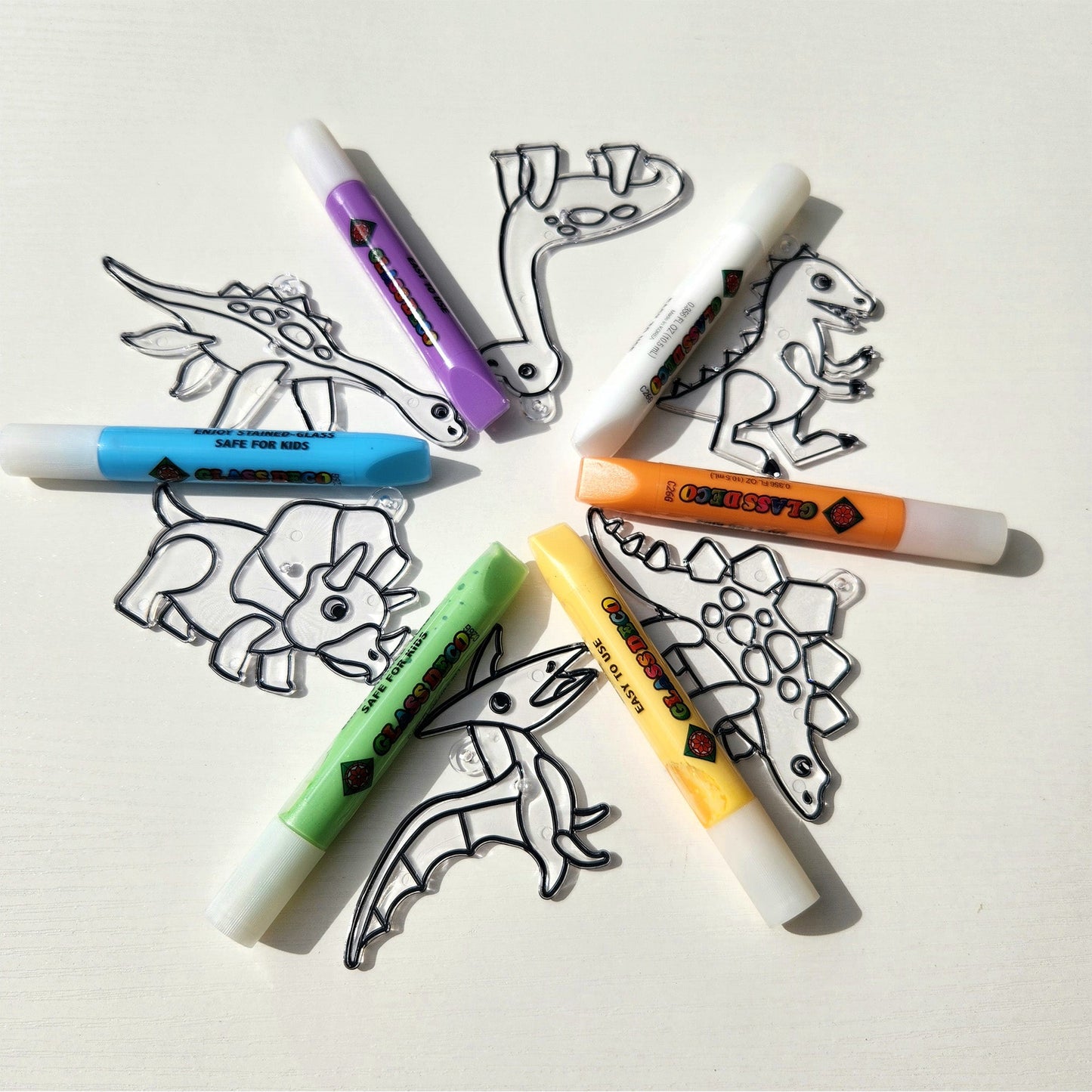 AMOS Korea — 6 Suncatchers DIY Kit — Dino, SUN DECO Window Art and Craft, Stained Glass Paiting 6 Colors