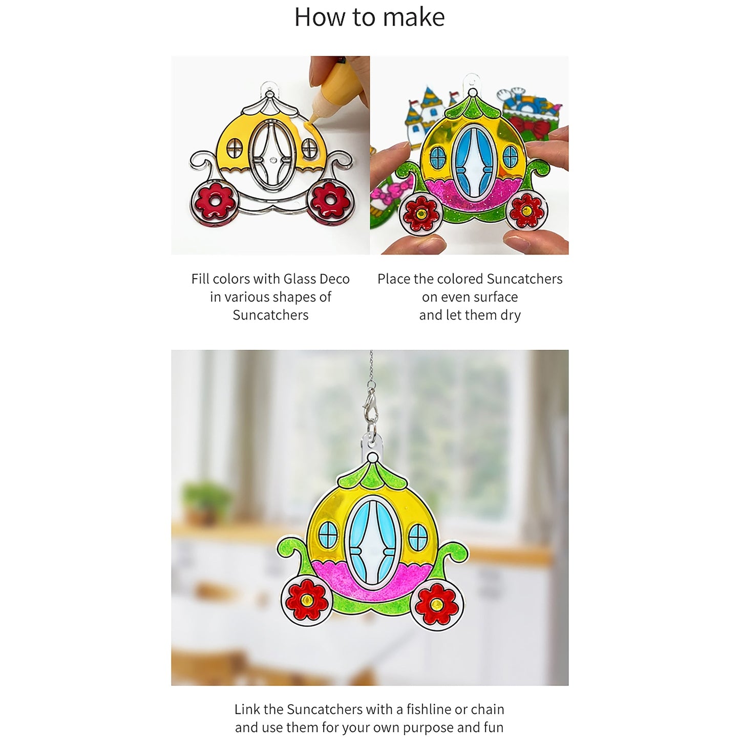 AMOS Korea — 6 Suncatchers DIY Kit — Princess, SUN DECO Window Art and Craft, Stained Glass Paiting 6 Colors