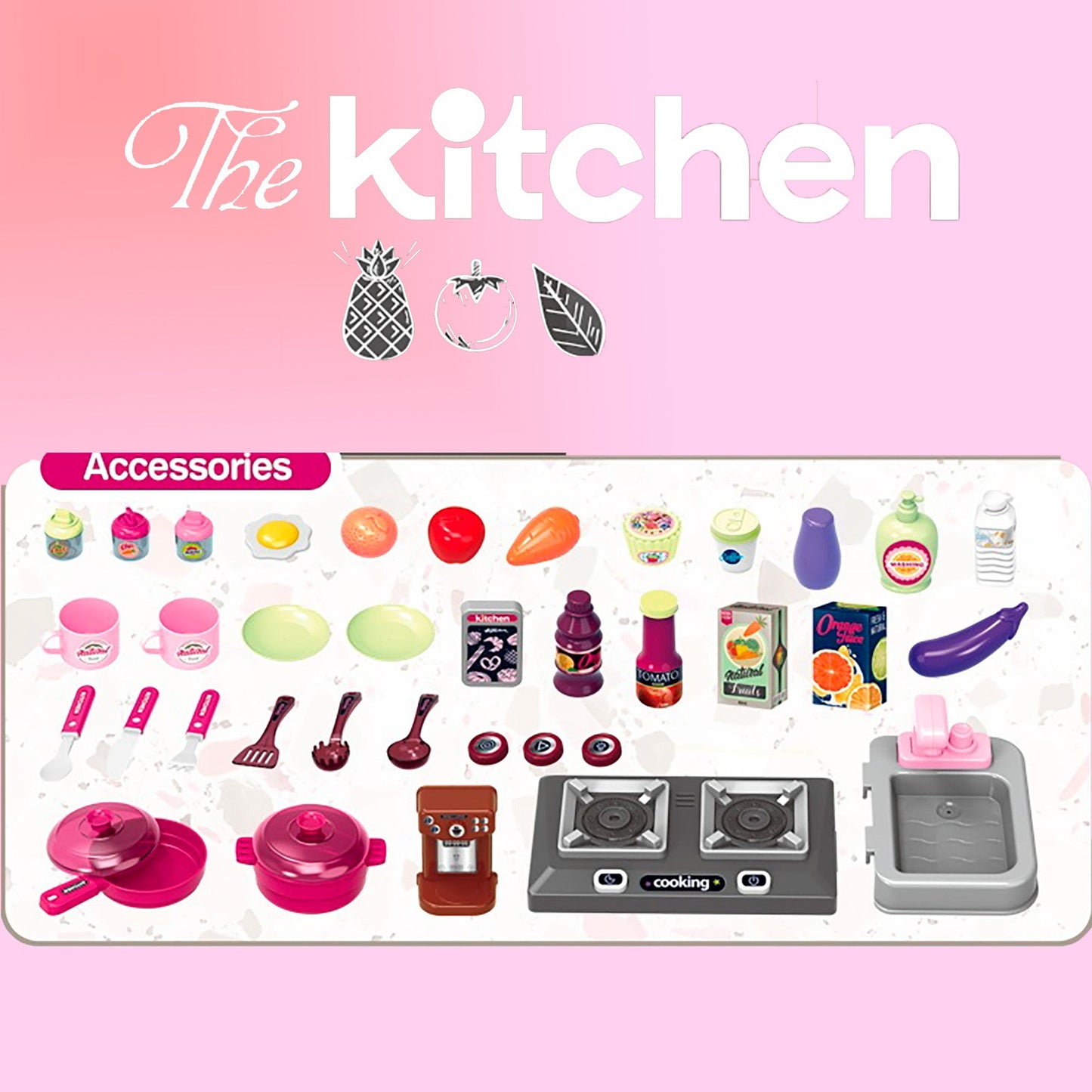 OLEOCA Children's Kitchen Playset - Cooking Stove, Play Sink, Oven, Kitchen Accessories with Realistic Lights and Sound